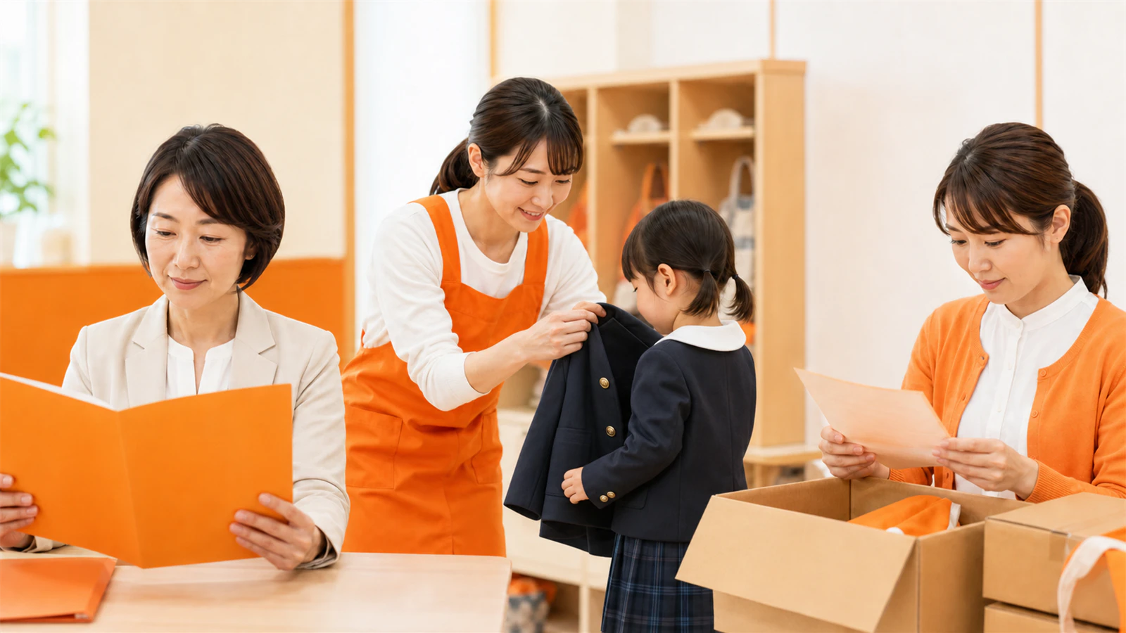 園長と担当者が資料を確認する横で、先生が子どもにキリンジの冬制服を試着させる様子