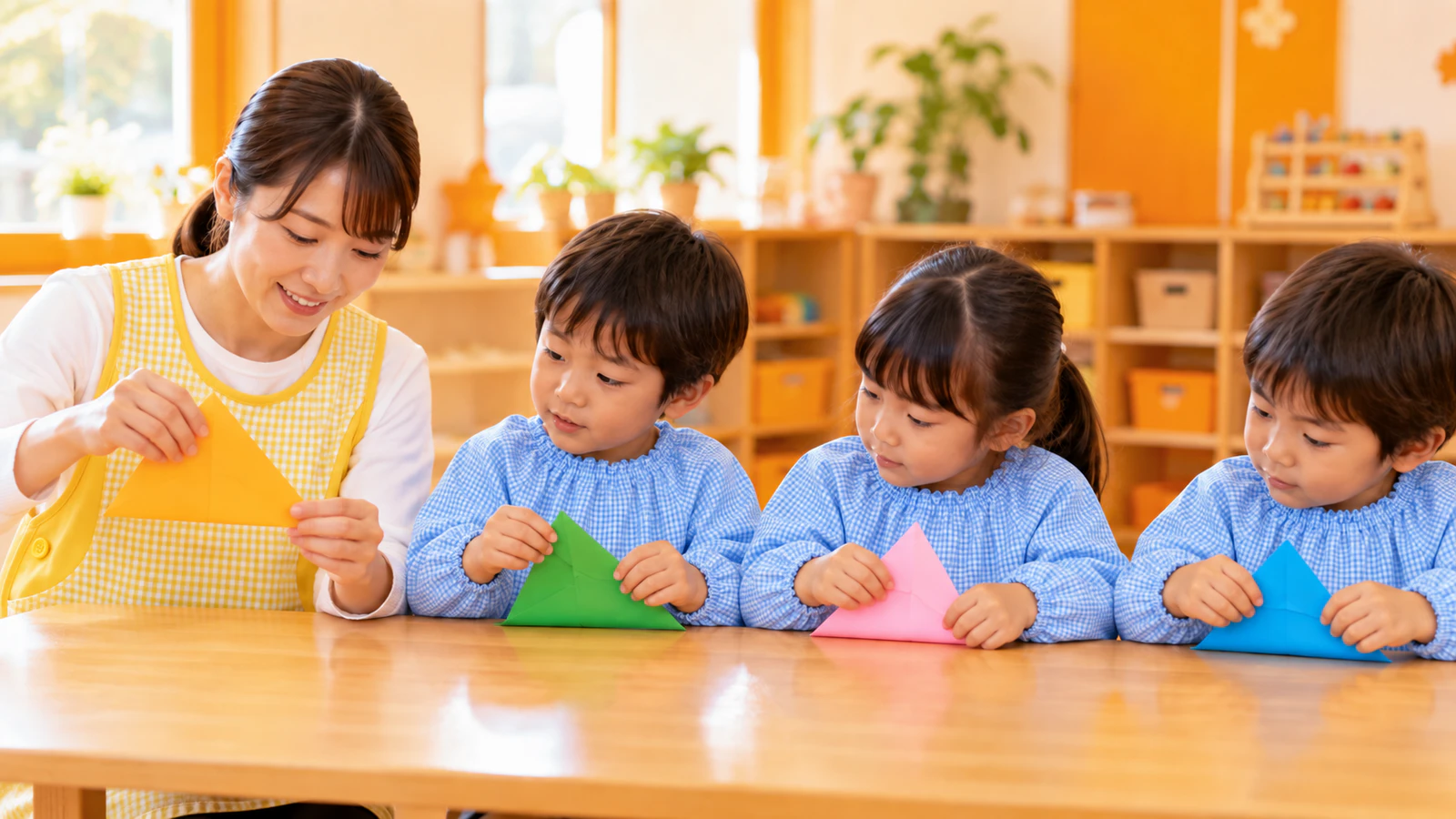 保育室で先生が大きな正方形の紙を三角に折って見せ、スモックを着た子どもたちが机で色紙を折っている様子