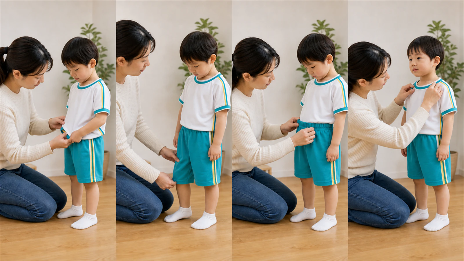 キリンジの体操服を着た子どもの裾・丈・ウエスト・襟元を保護者が順に確認する4つの場面