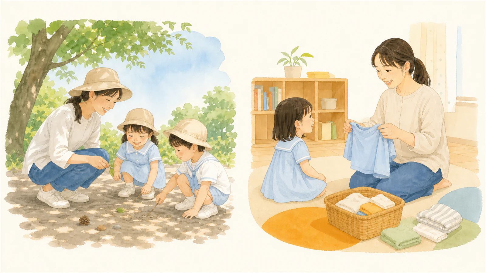 外遊びと冷房室で服装を切り替える図