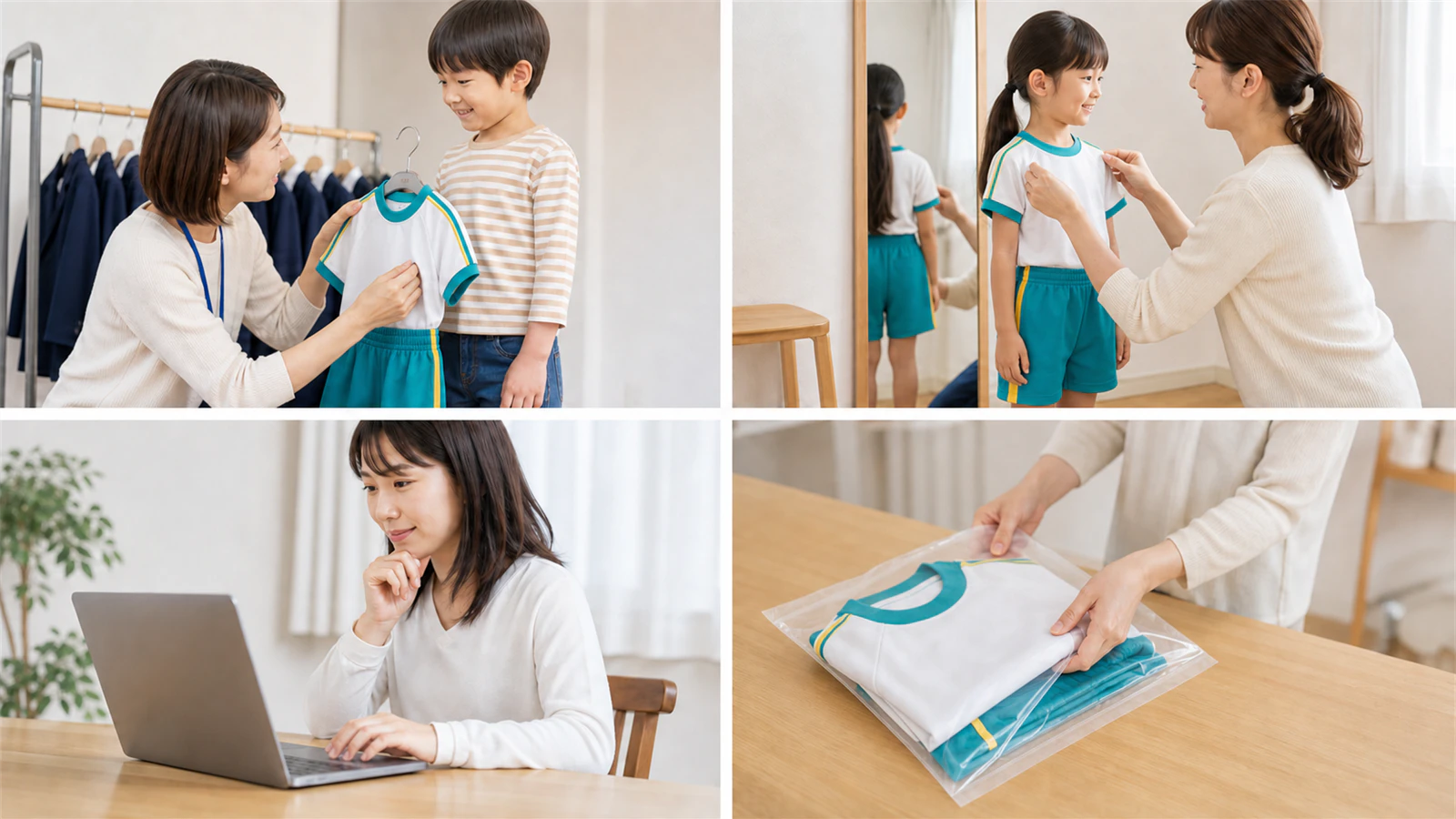 キリンジの体操服について、見本選び・試着・オンライン注文・袋詰めを確認する4つの場面