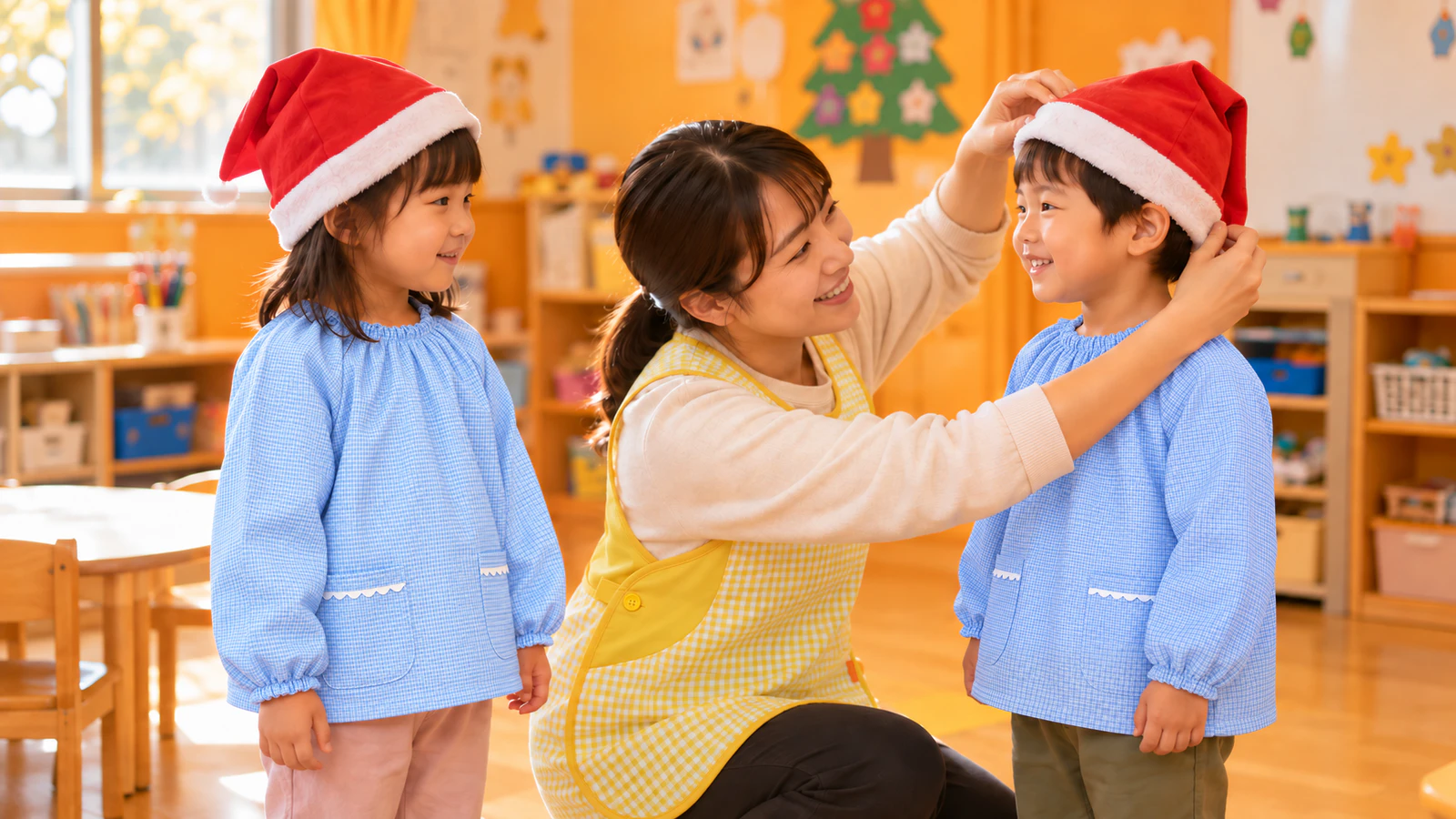 保育室で、園の遊び着を着た子どもたちがあごひものない布のサンタ帽をかぶり、先生がしゃがんで帽子の大きさを確かめている様子