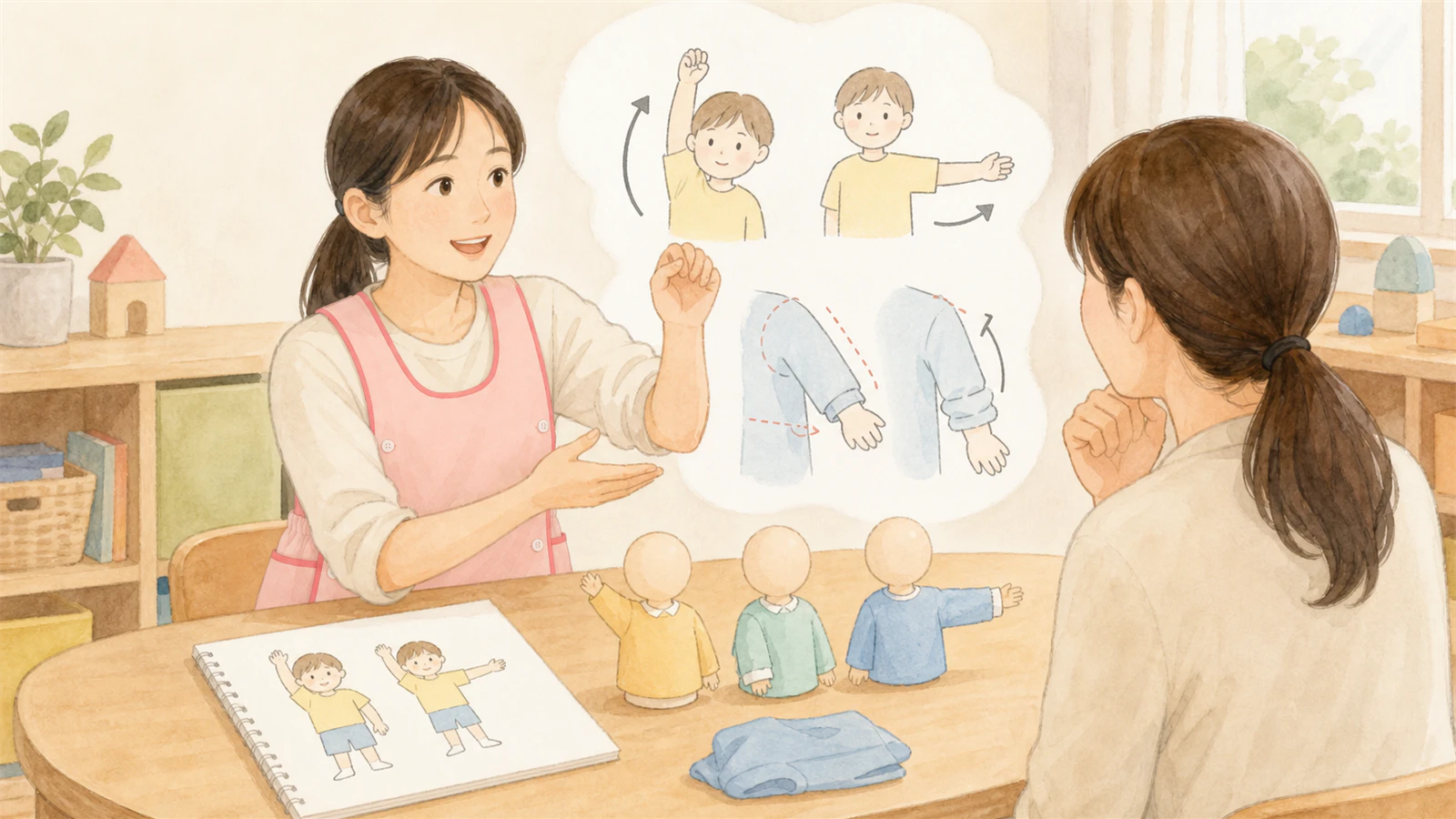 先生が保護者へ子どもの具体的な動作をもとにサイズ相談する場面