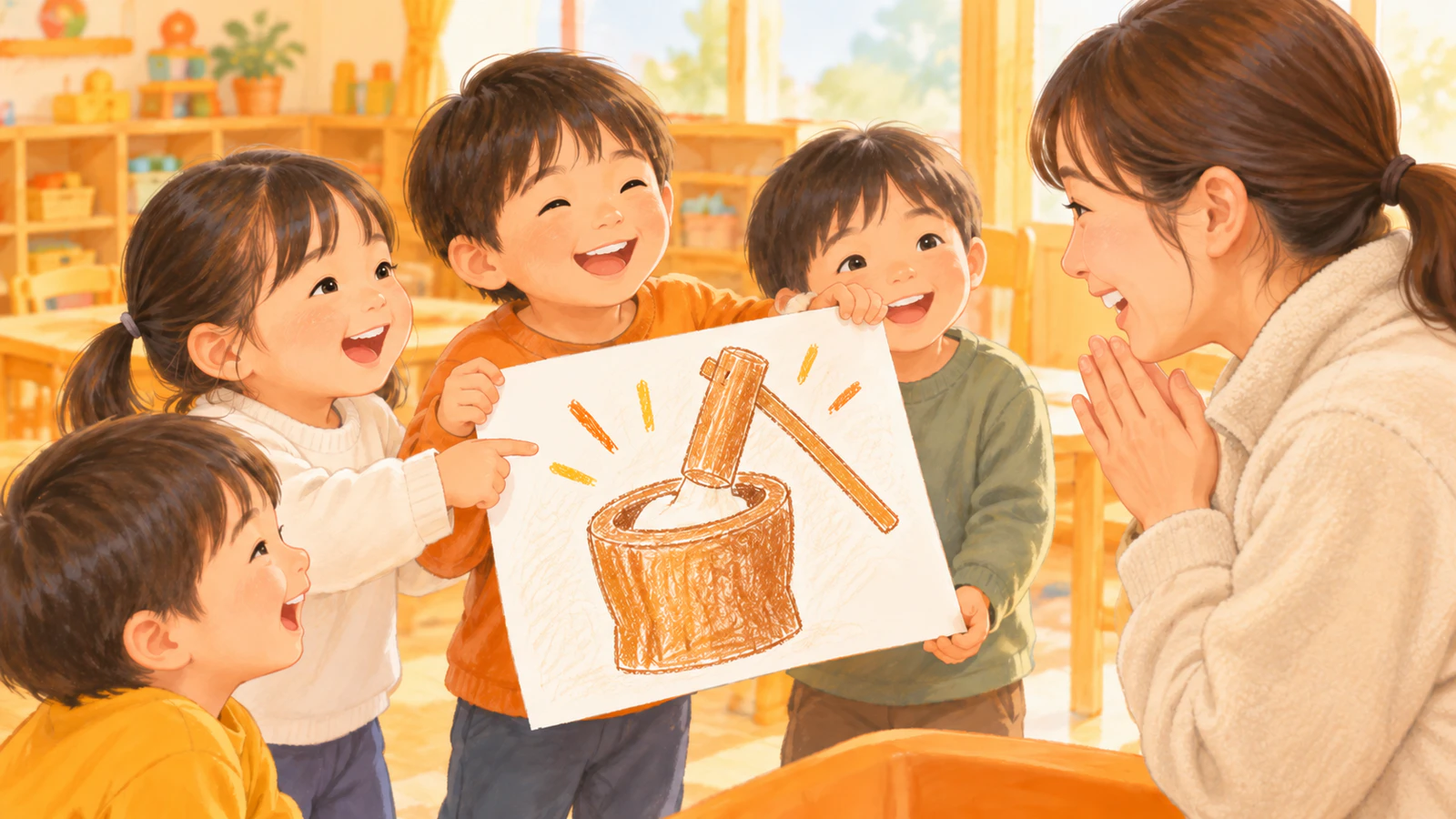 おもちつきのあと、普段着の子どもたちが保育室で、おもちつきの様子を描いた絵を先生に見せている様子