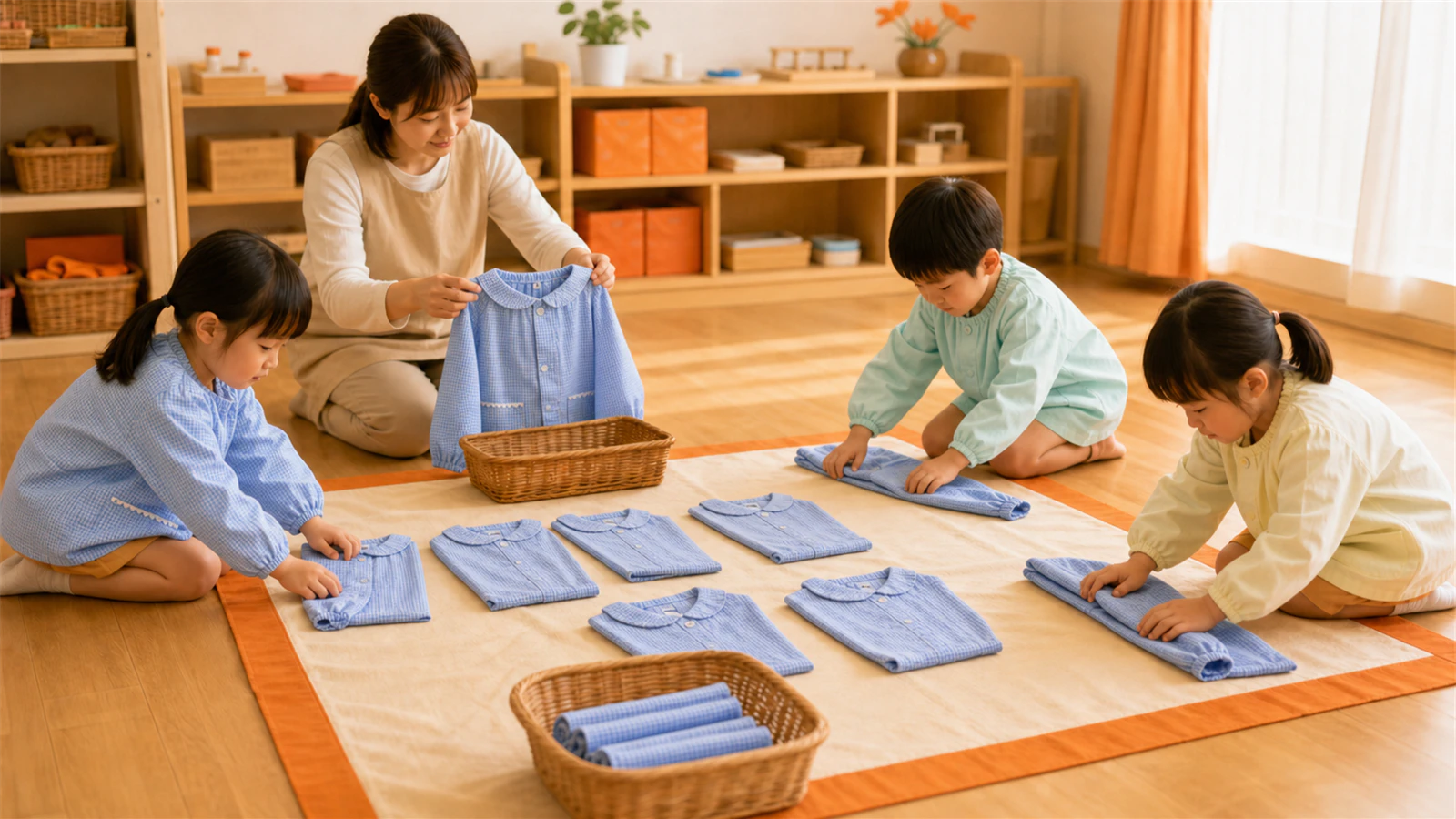キリンジのスモックを着た子どもたちが、先生と一緒に衣服を畳んで整理する様子
