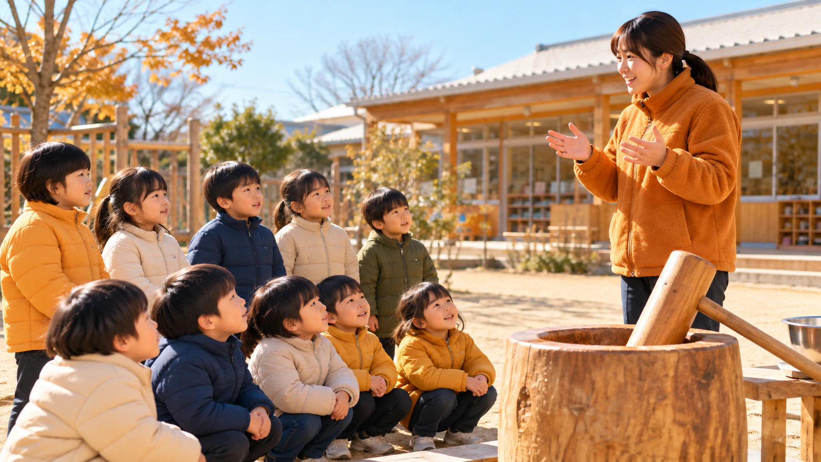 園庭に置かれた臼と杵のまわりに、普段着の上着を着た子どもたちが集まり、先生の話を聞いている様子