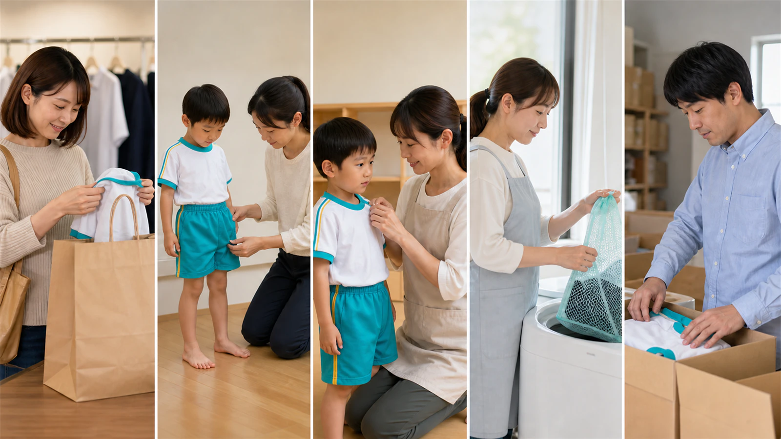 キリンジの体操服を、受け取り・試着・襟元確認・洗濯・返却まで追う5つの場面