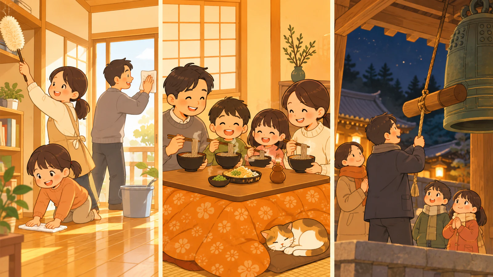 はたきで大掃除をする家族、年越しそばを囲む食卓、夜の寺で鐘をつく人の三場面を横に並べたやわらかいイラスト