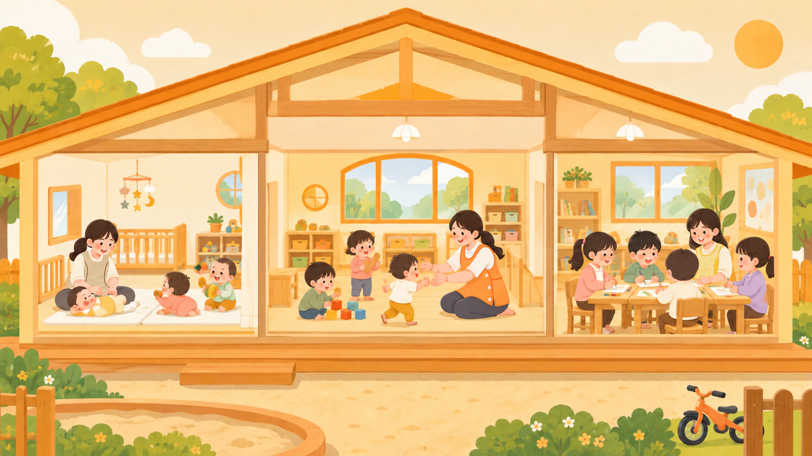 一つの園舎の中で、赤ちゃんから年長の子どもまでが部屋ごとに過ごす様子を断面図のように描いたイラスト
