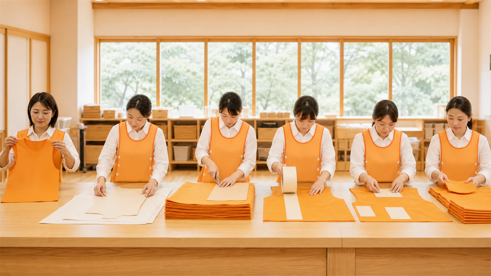 完成見本、型紙、裁断、接合、検品を分担して衣装を量産する先生たち
