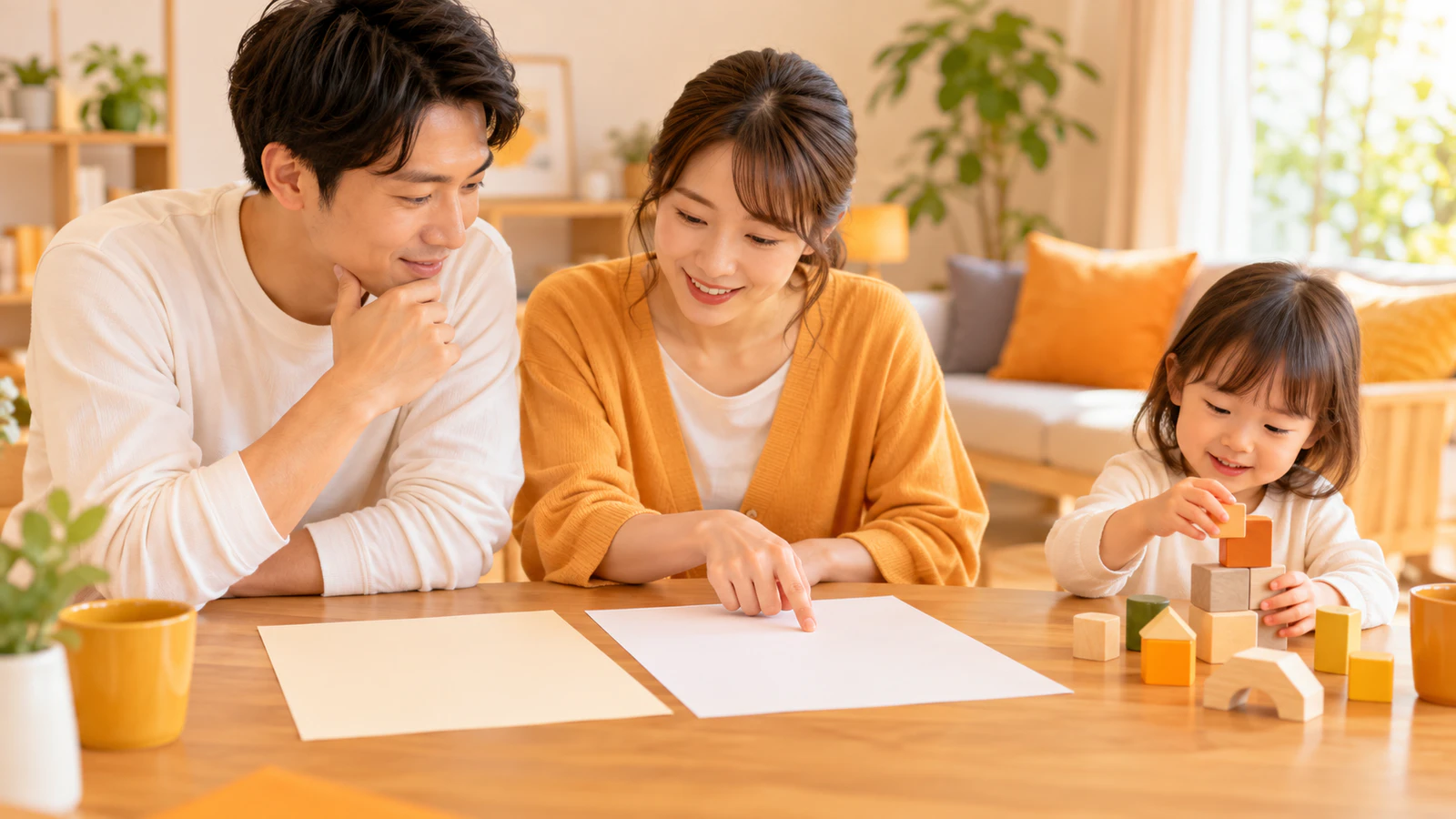 保育園と認定こども園の案内を机に広げて見比べる両親と、そばで積み木で遊ぶ幼い子ども