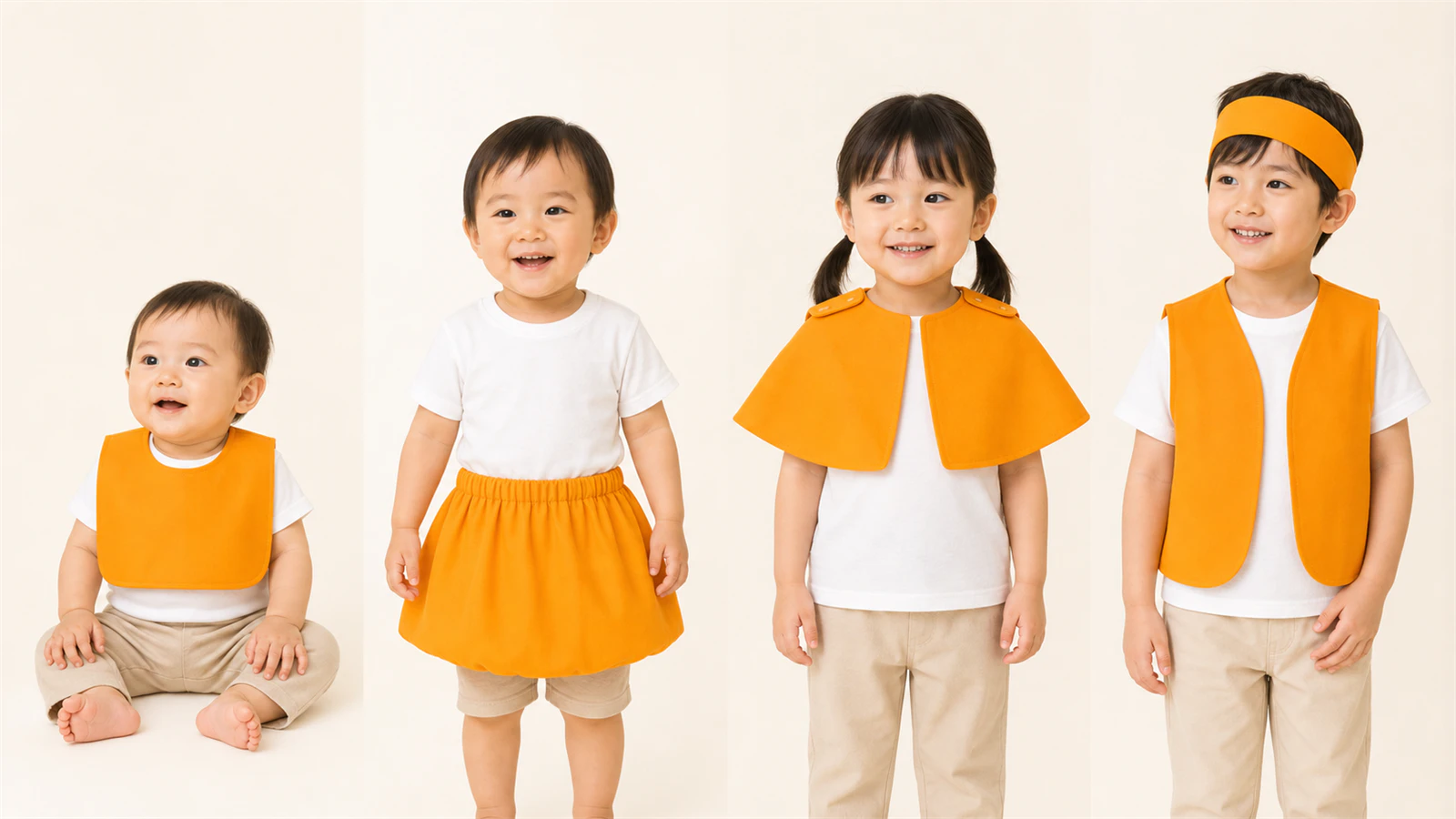 0歳から5歳までの着脱方法に合わせたベスト、スカート、マント、かぶりもの