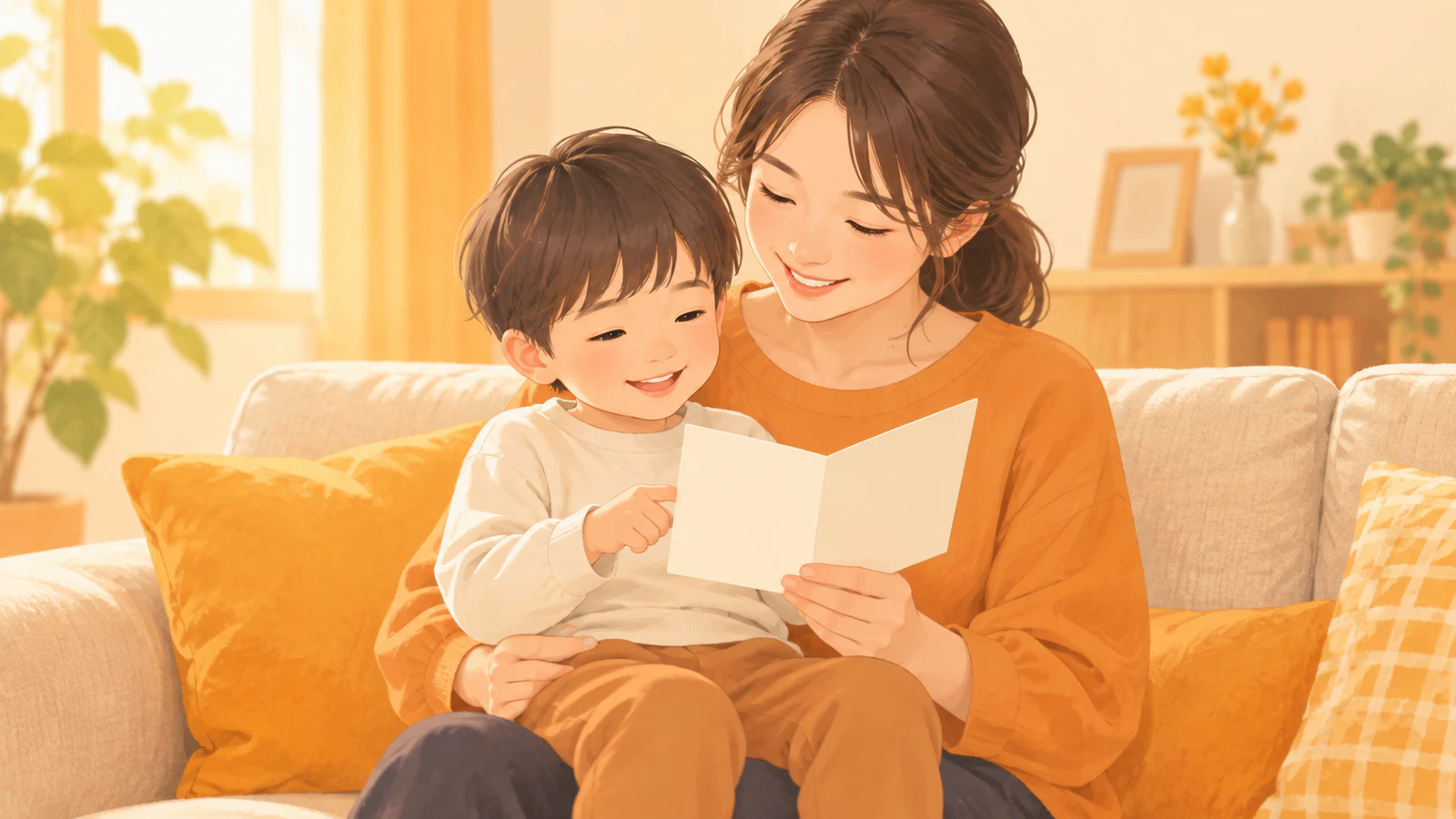 家のソファで、普段着の子どもが保護者のひざに座り、無地のカードを一緒に見ている様子