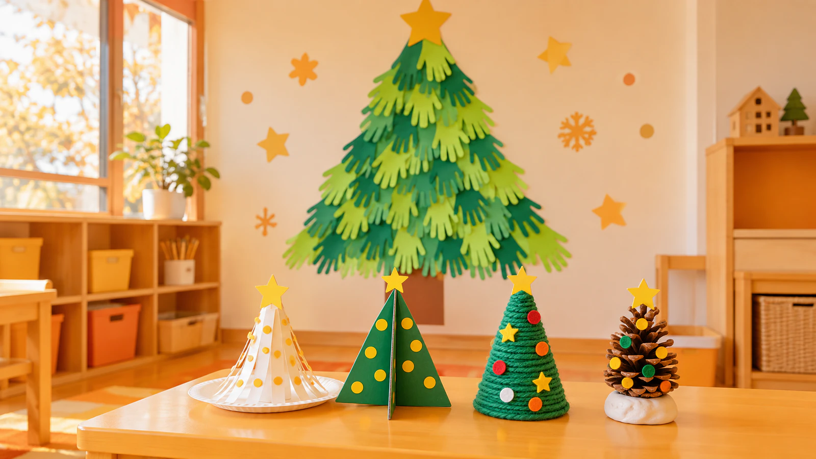 壁に貼った手の形の葉のツリーの前に、紙コップ、段ボール、毛糸、松ぼっくりで作ったツリーを並べた様子