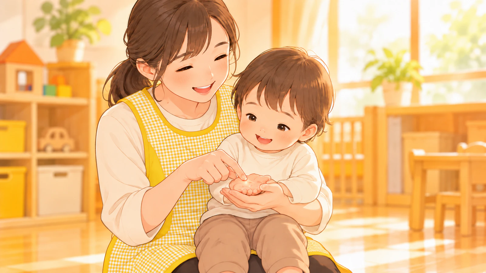 保育室で、先生が1歳くらいの子どもの手のひらを自分の手で包み、やさしくぺったんとふれている様子
