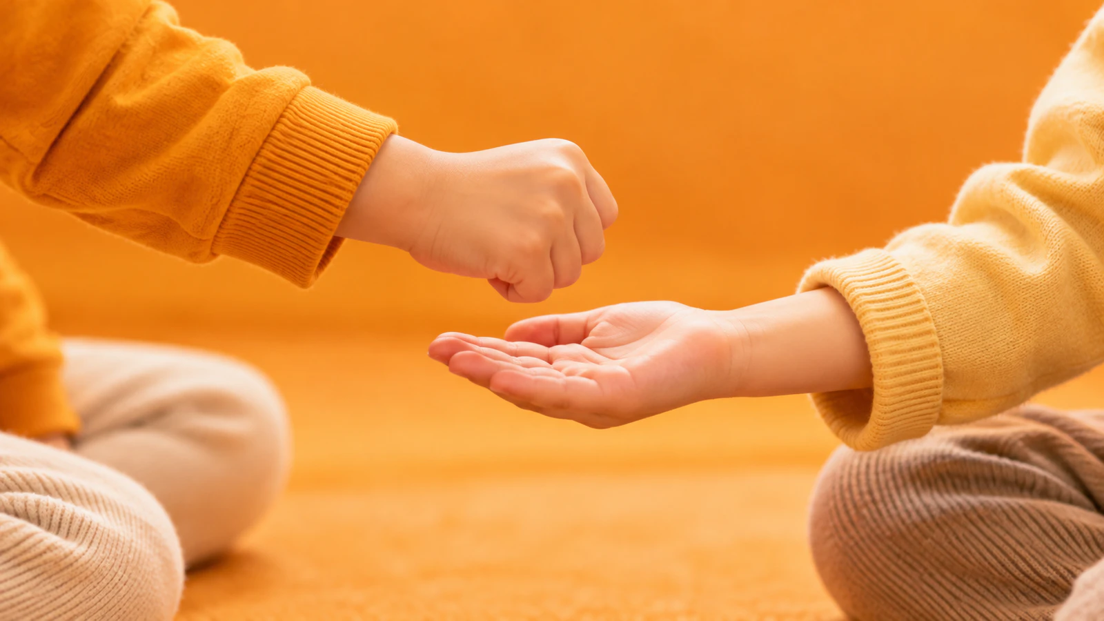 向かい合って座った2人の子どもが、一人は手のひらを上に向け、もう一人がその上にこぶしを下ろそうとしている手元