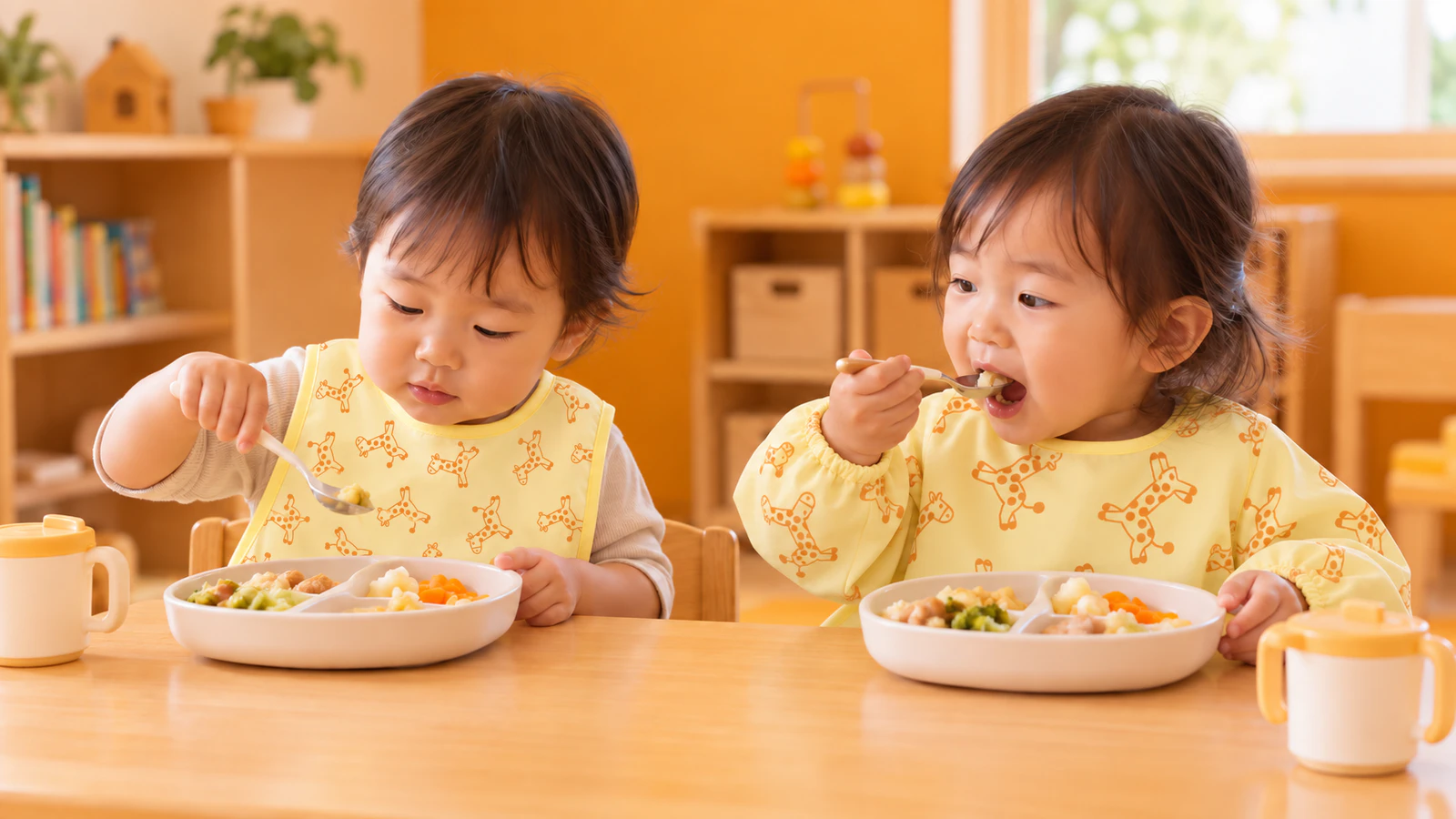 保育室の低いテーブルで、キリン柄の袖なしと長袖の食事用エプロンを着た1歳ごろの子ども2人が、並んでスプーンで食べる様子