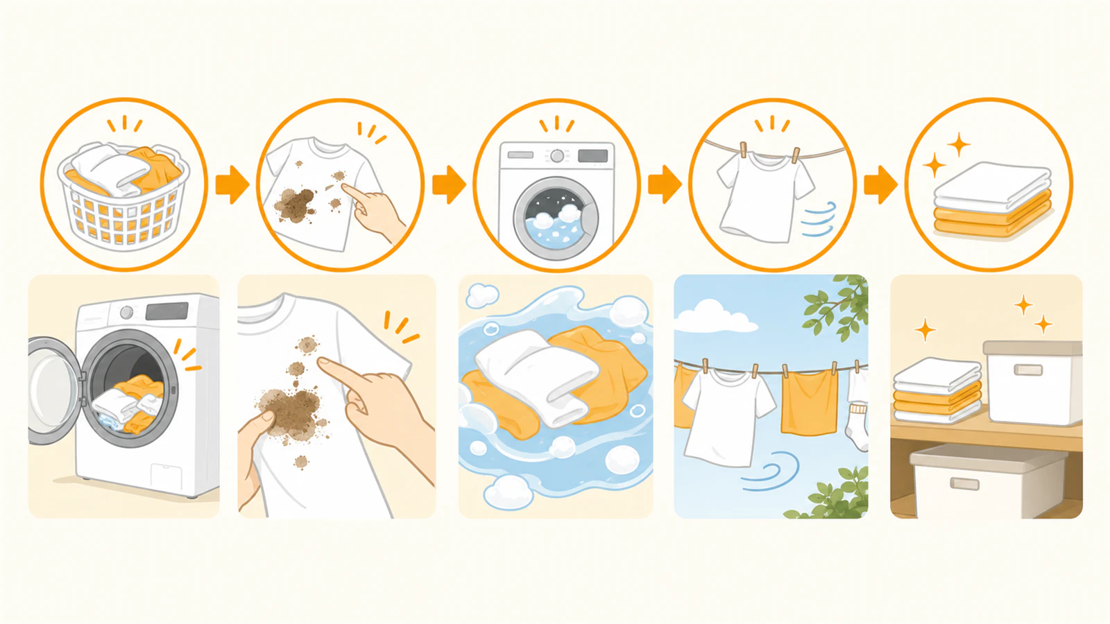 洗濯物を詰めすぎず、汚れ確認、洗濯、乾燥、保管する流れ