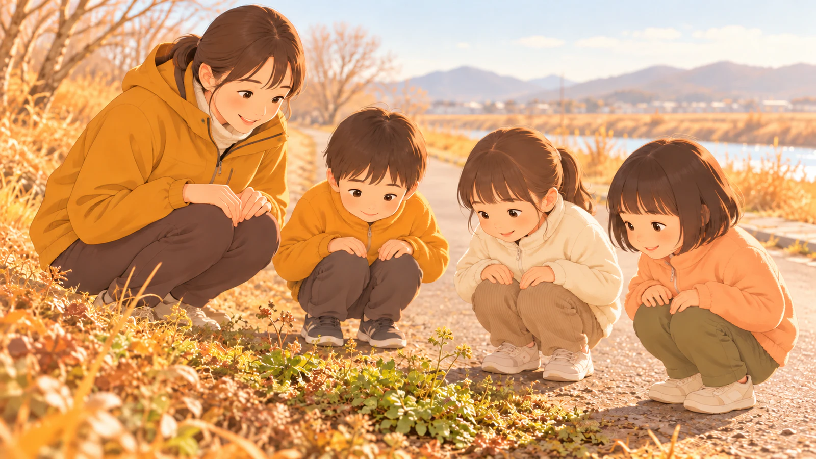冬の散歩道で、先生と普段着の子どもたちが、道ばたの草をしゃがんで観察し、手は触れずに見ている様子
