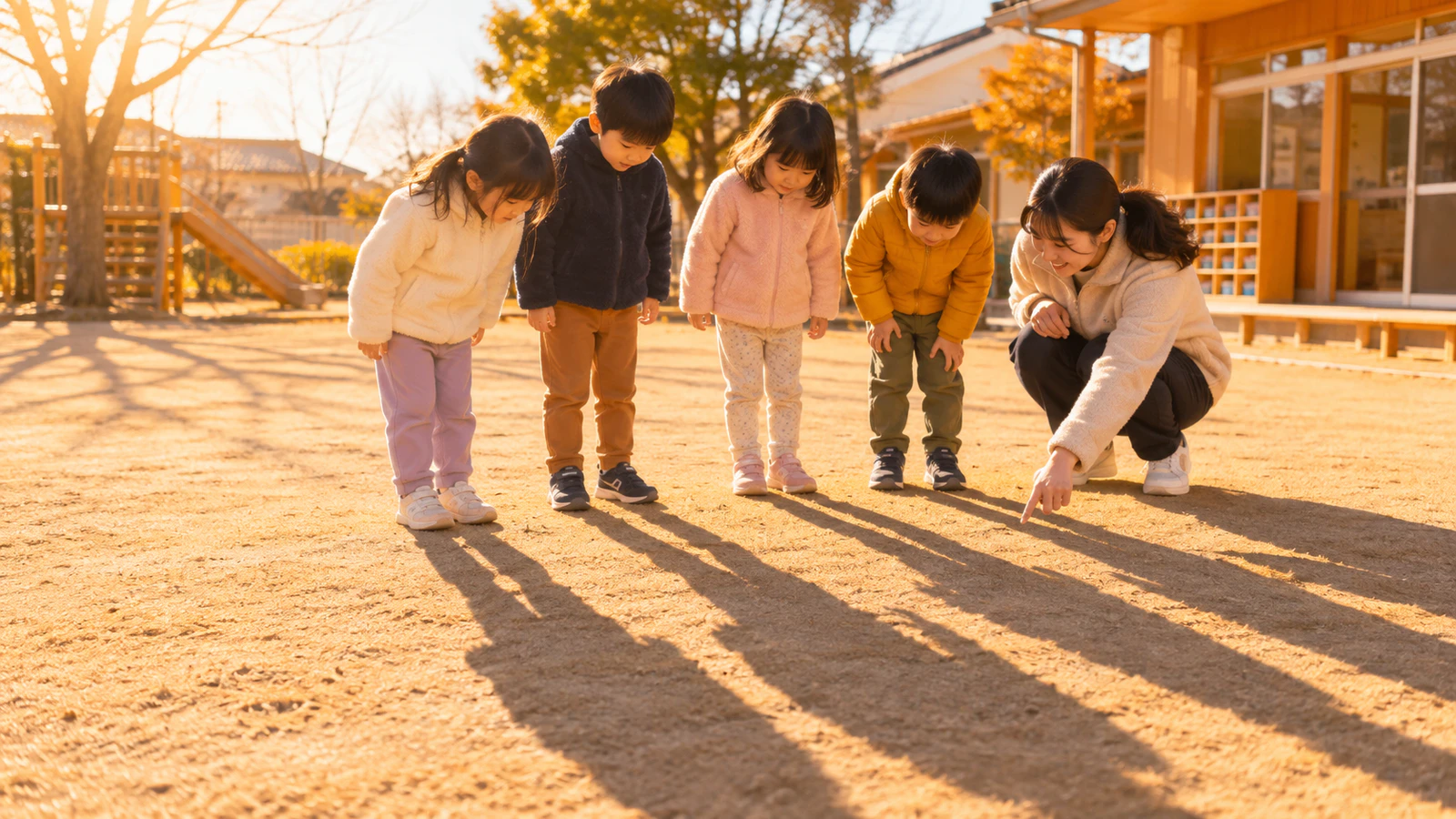 冬の晴れた園庭で、普段着の子どもたちが足もとに長く伸びた自分の影を見比べ、先生がしゃがんで足もとの影を指さす様子
