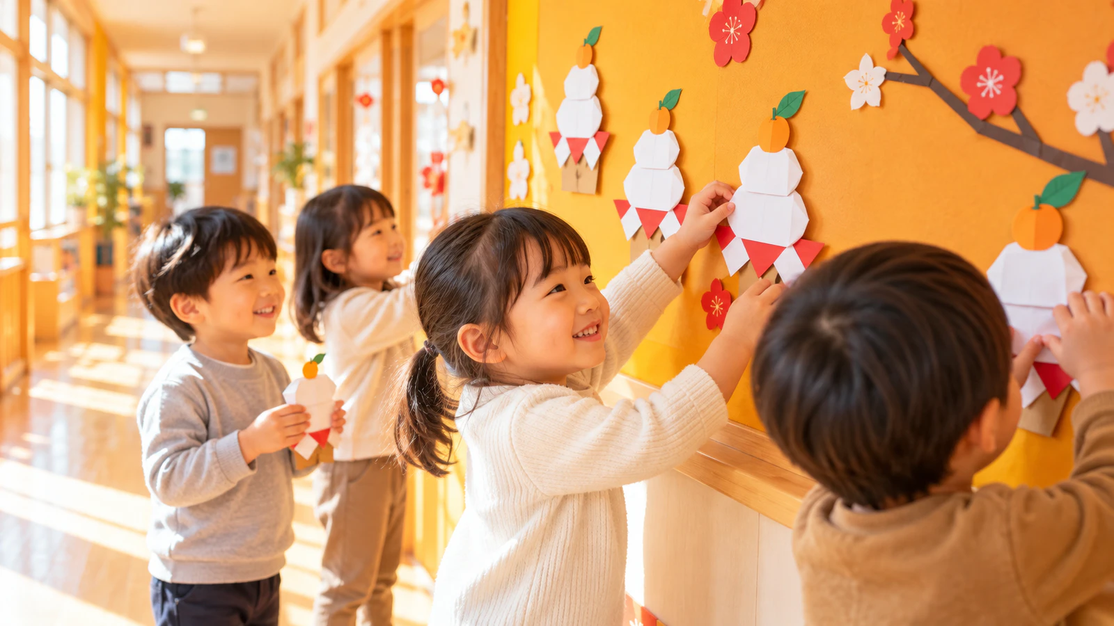冬の園の廊下で、普段着の子どもたちが折り紙の鏡餅を壁に飾っている様子