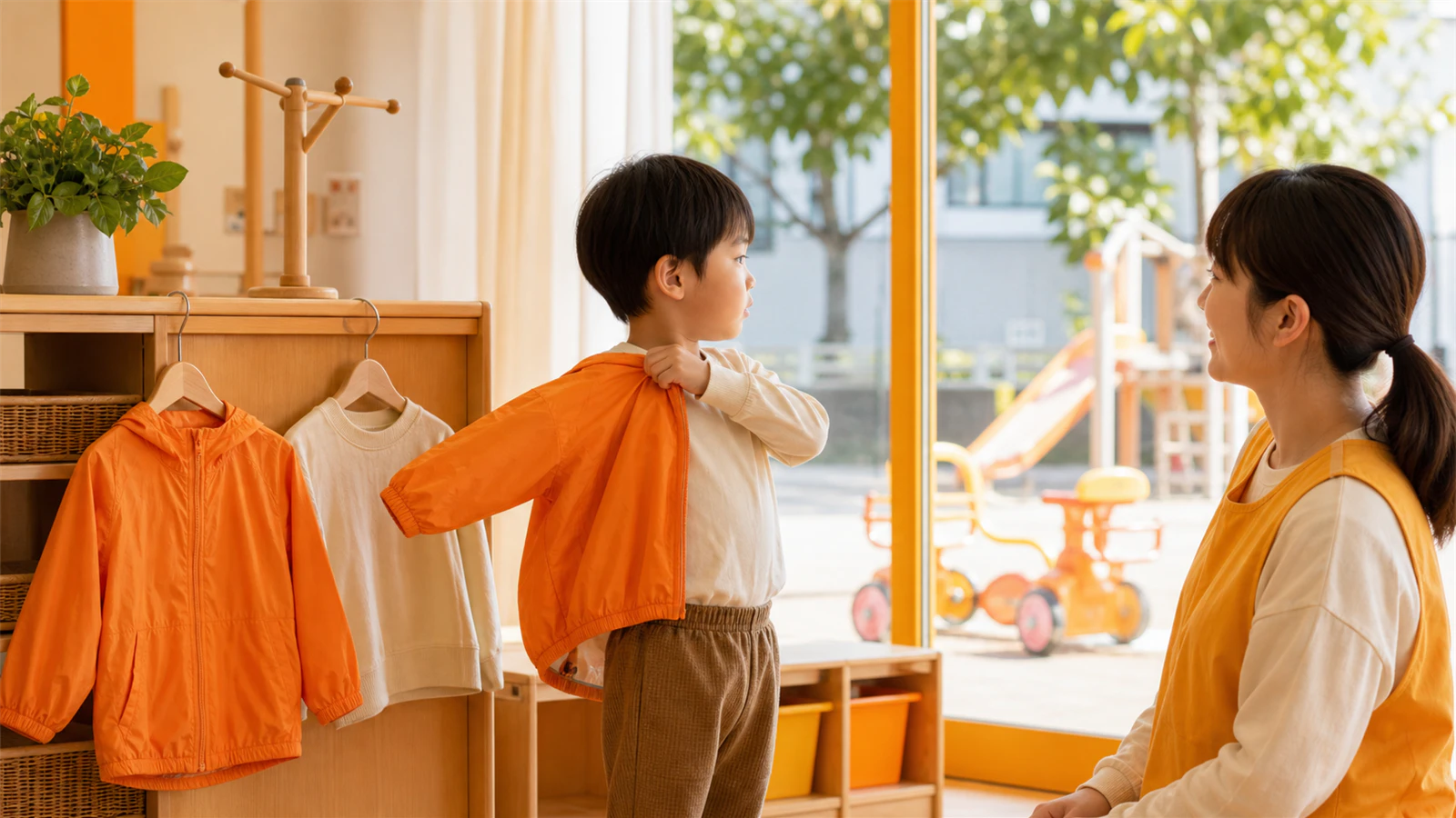 子どもが着替え、天気と活動から上着を選ぶ服育活動