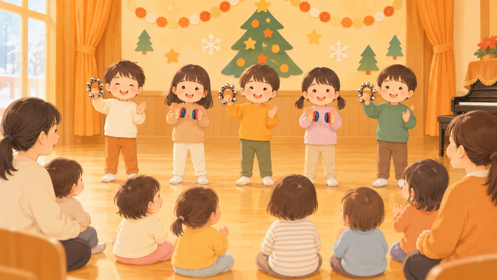 ホールで普段着の子どもたちが鈴や小さな楽器を鳴らして発表し、年下の子どもたちが床に座って見ている様子