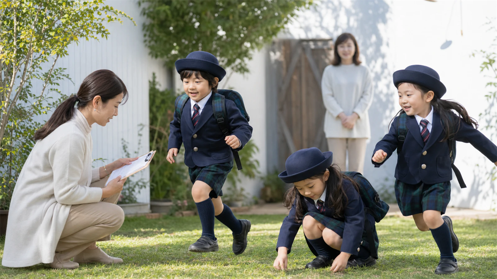 キリンジの冬制服で走る・しゃがむ・かばんを背負う動作を、導入後に観察する先生