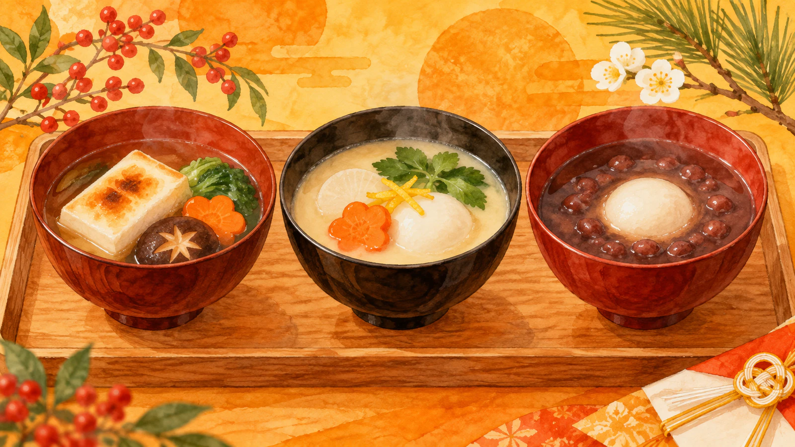 角餅や丸餅を入れた、汁の色や具の違うお雑煮の椀が3つ並んだ様子