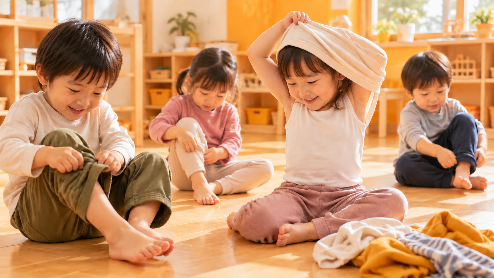 保育室の床に座った無地の普段着の子どもたちが、自分でズボンをはいたりシャツに頭を通したりしている様子