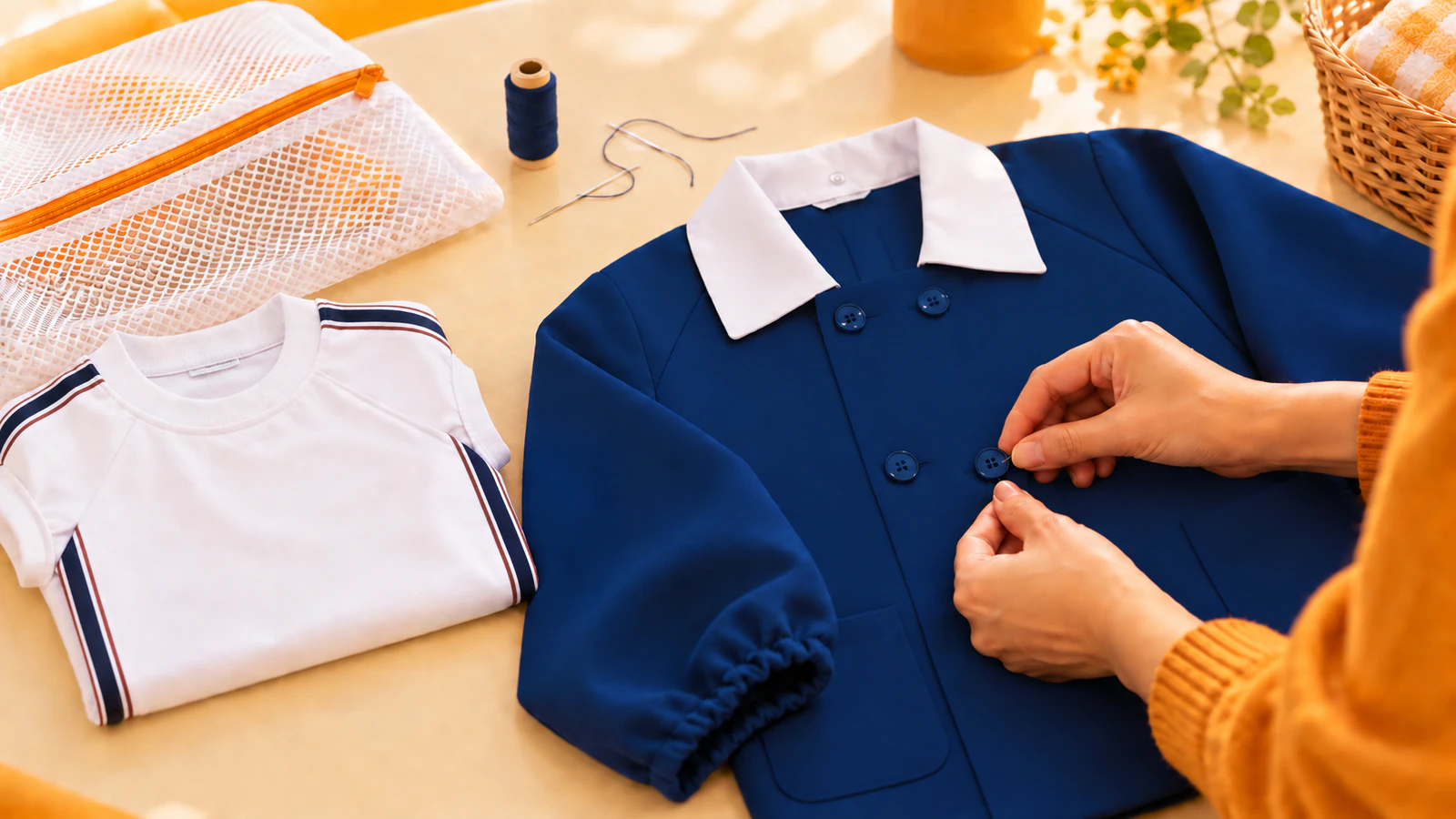 机の上に広げた白い衿の紺の冬の園服と、たたんだ白い体操服のそばで、大人の手がボタンの糸を指で確かめている様子