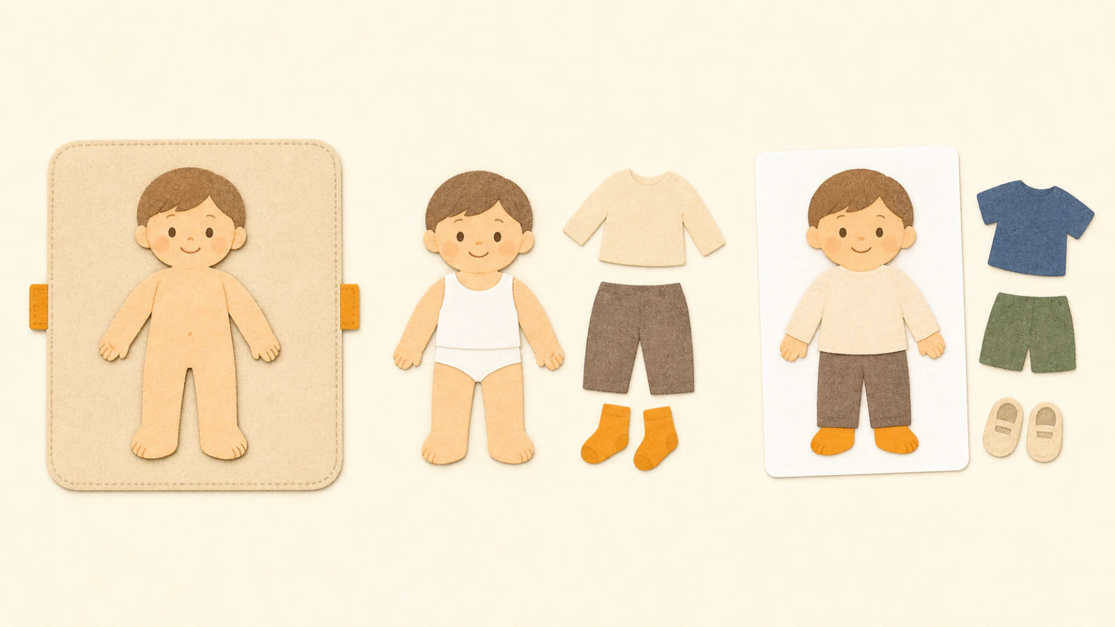 布台、着せ替え人形、平置きの服を段階的に使う図