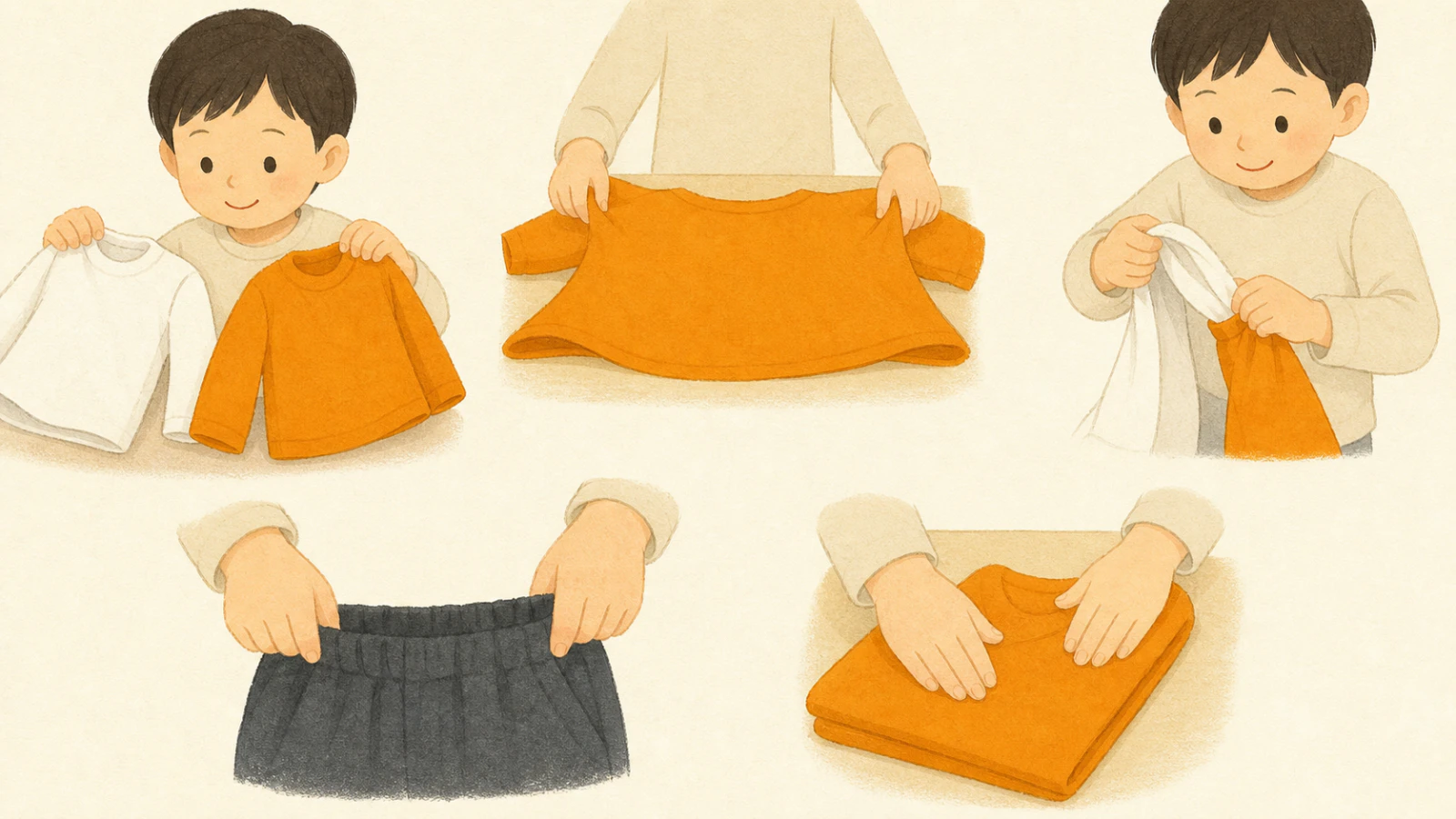 見分ける、広げる、通す、引く、整えるの五動作