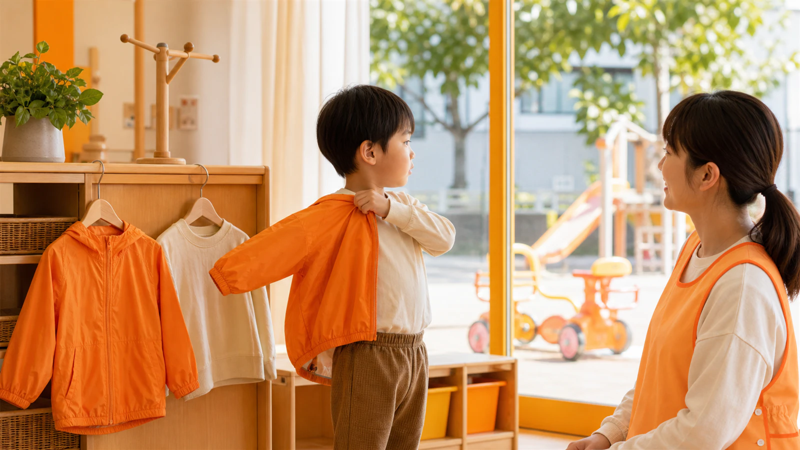 子どもが着替え、天気と活動から上着を選ぶ服育活動