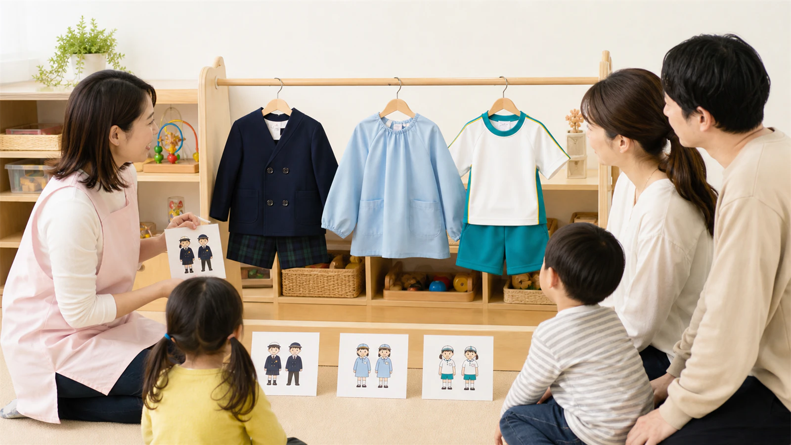 キリンジの園服・スモック・体操服と三つの場面カードを見比べ、指定範囲を検討する親子と先生