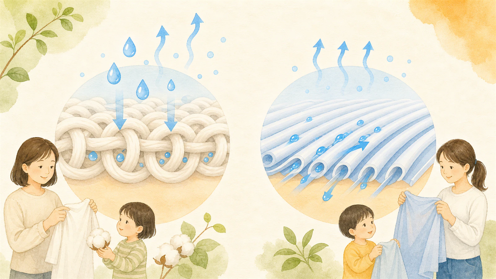 水分が繊維へ吸われ生地を移動し外へ乾く仕組み