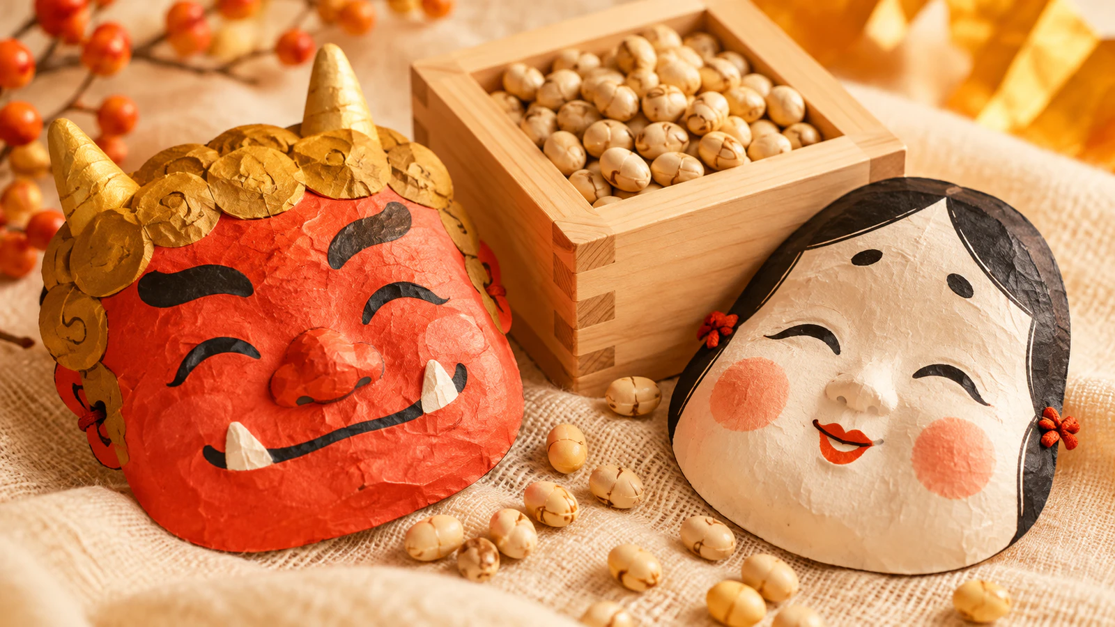 節分の鬼のお面と、にこやかなお多福の面を、豆を入れたますと並べた様子