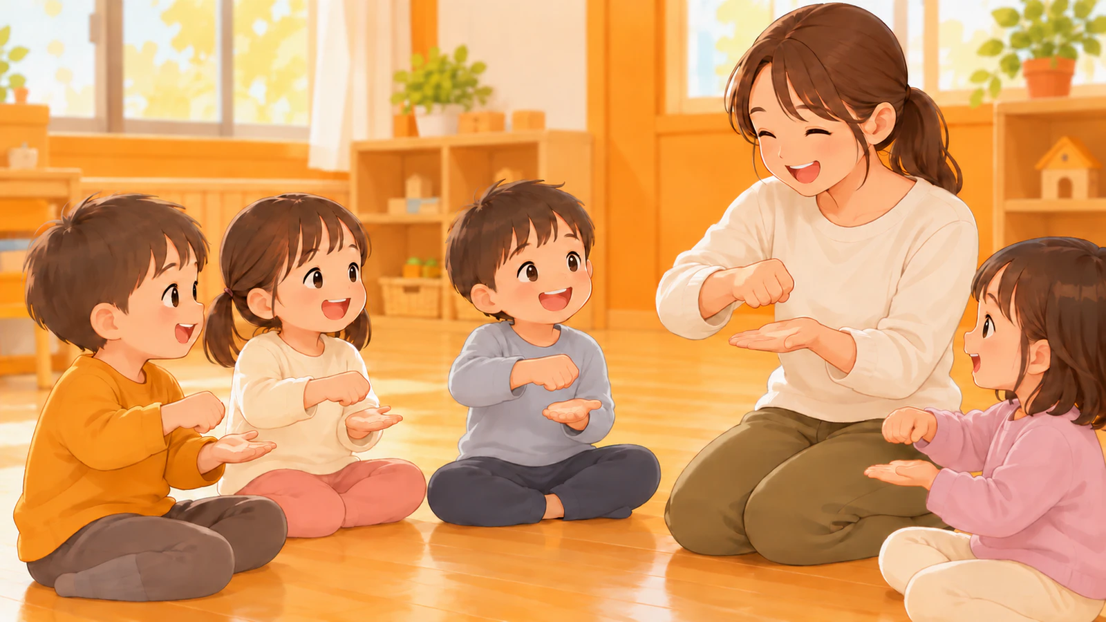 保育室で、先生と子どもたちが向かい合って座り、片方の手のひらを臼に、もう片方のこぶしを杵に見立てて動かしている様子