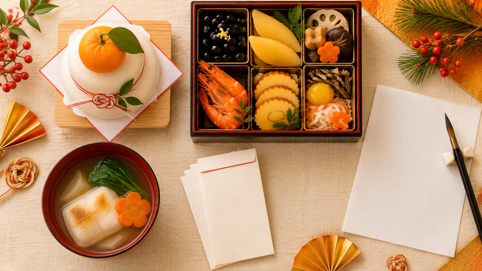 鏡餅、重箱に詰めたおせち、お雑煮の椀、ぽち袋、筆と半紙を、生成りの布の上に並べた様子