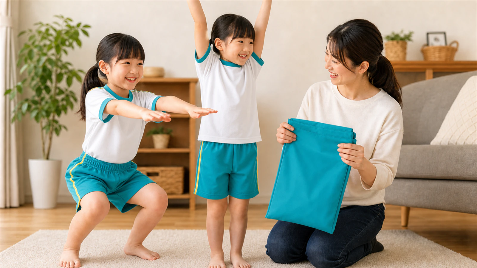 キリンジの体操服を着た2人の子どもが腕上げとしゃがみを試し、保護者が大きいサイズを用意する様子