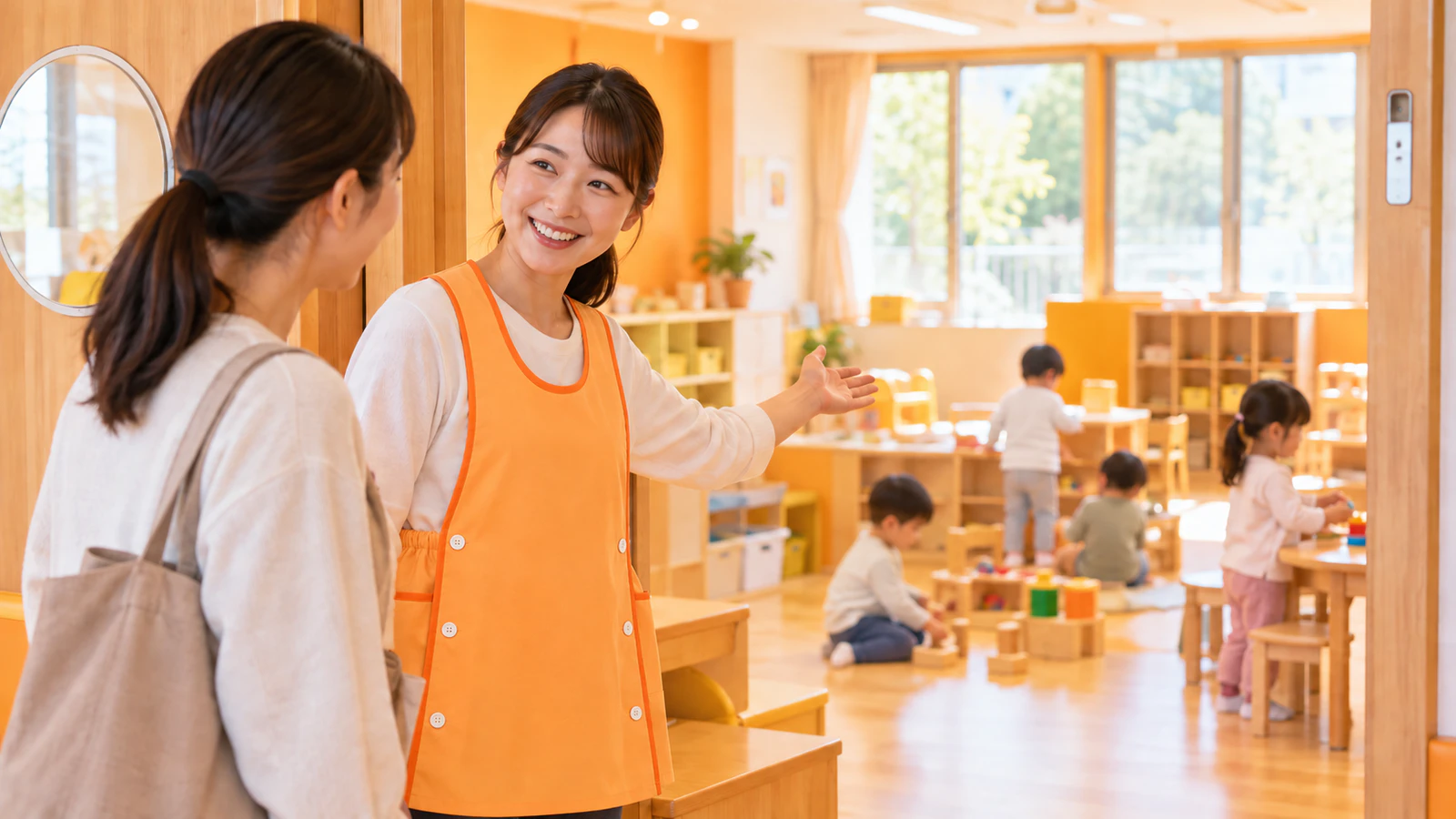 保育室の入り口で、エプロン姿の先生が見学に来た保護者に室内を案内し、普段着の子どもたちが遊んでいる様子