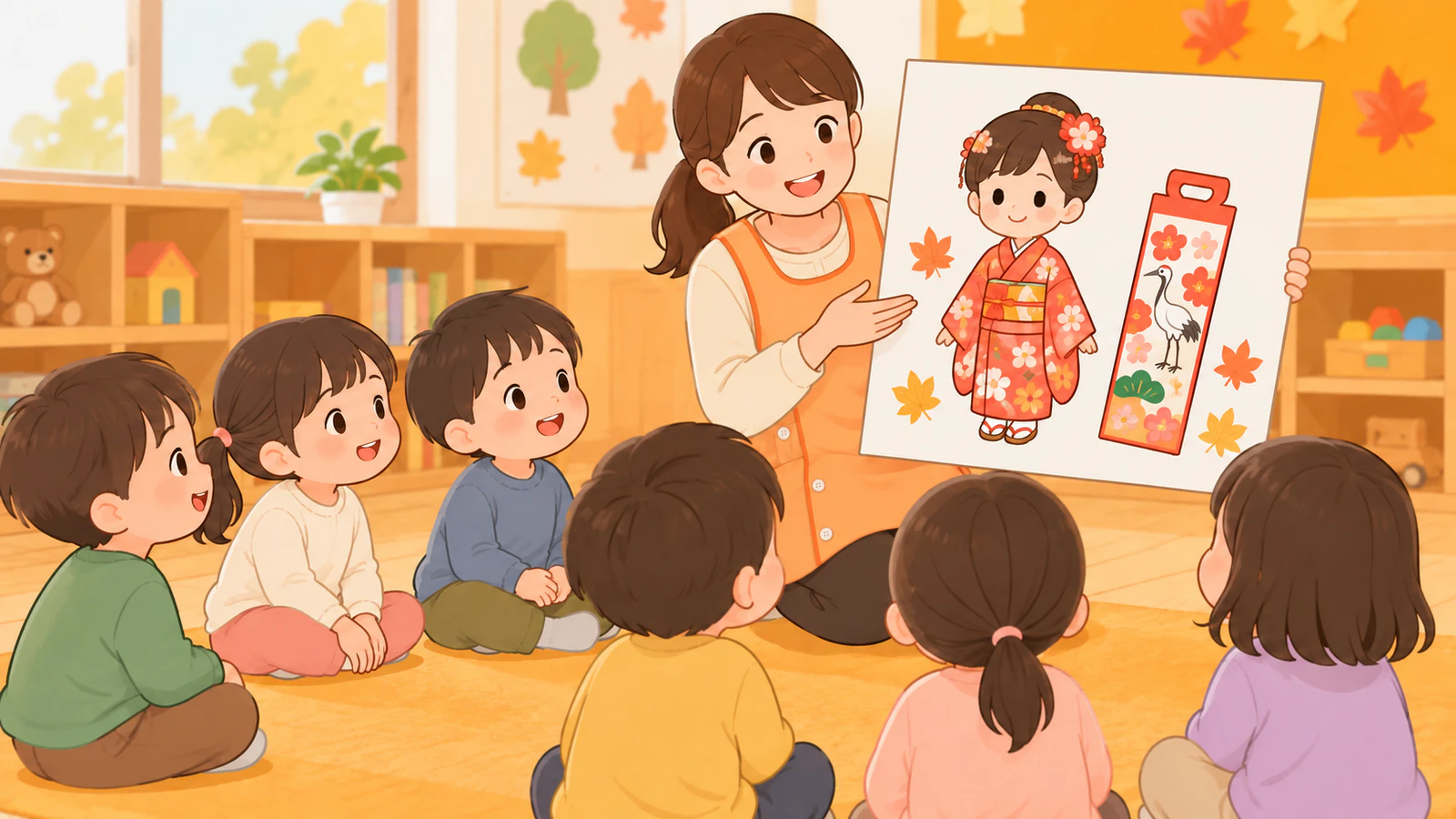 保育室で先生が着物の子どもと千歳飴の絵カードを見せながら話し、普段着の子どもたちが床に座って聞いている様子