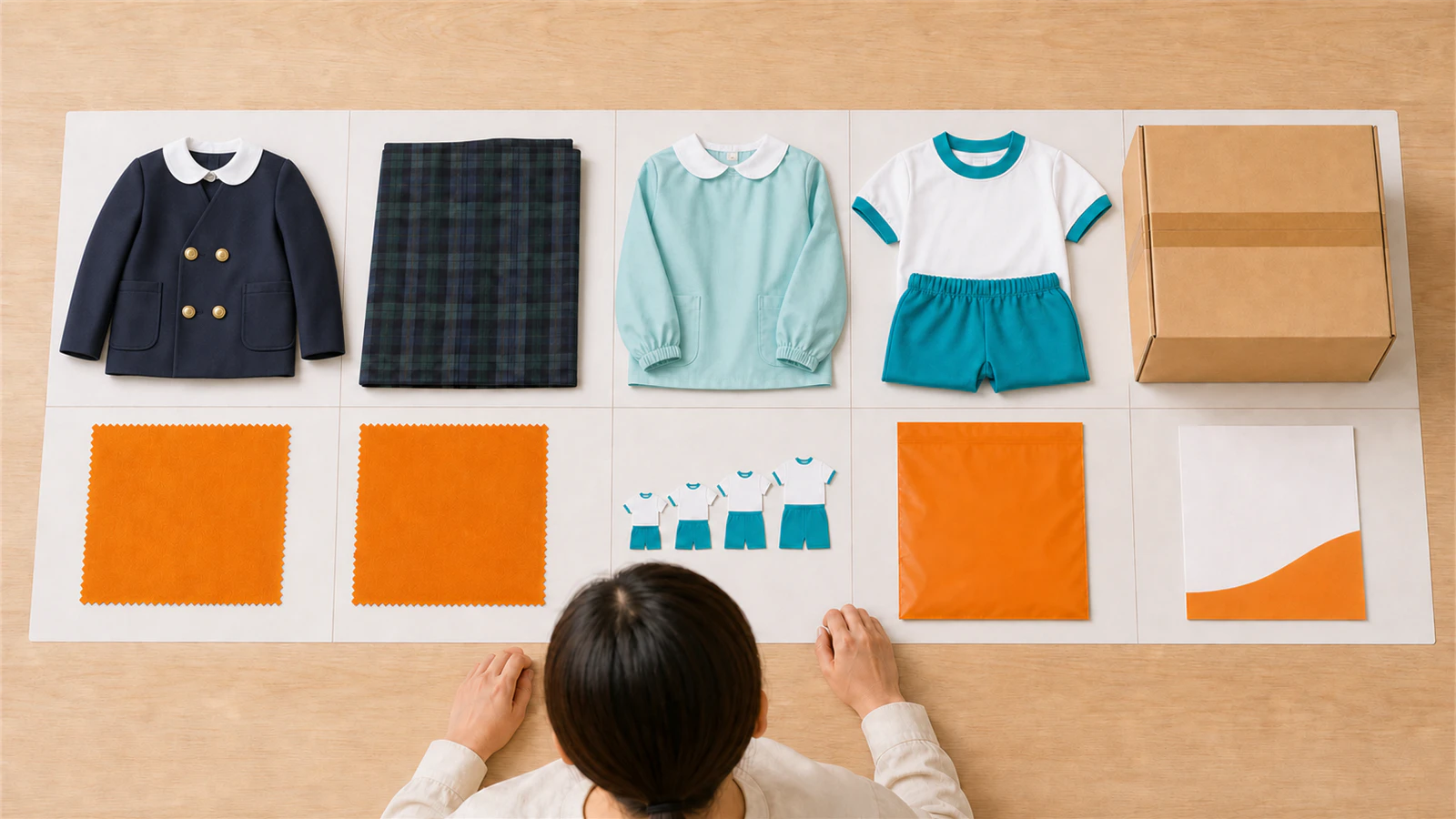 キリンジの制服・スモック・体操服を並べ、仕様と配色を比較するボード