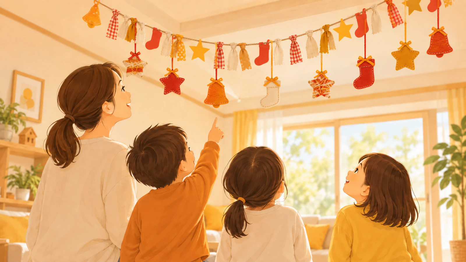 高い所につるしたガーランドとオーナメントを、普段着の子どもたちと大人が見上げている部屋