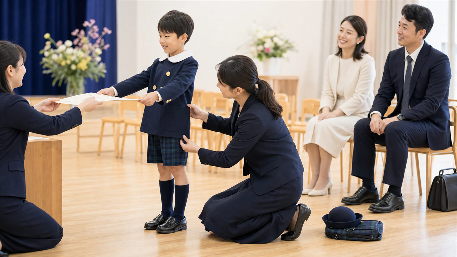 キリンジの冬制服を着た卒園児が、証書受け取りと袖・裾・靴を本番前に確認する様子