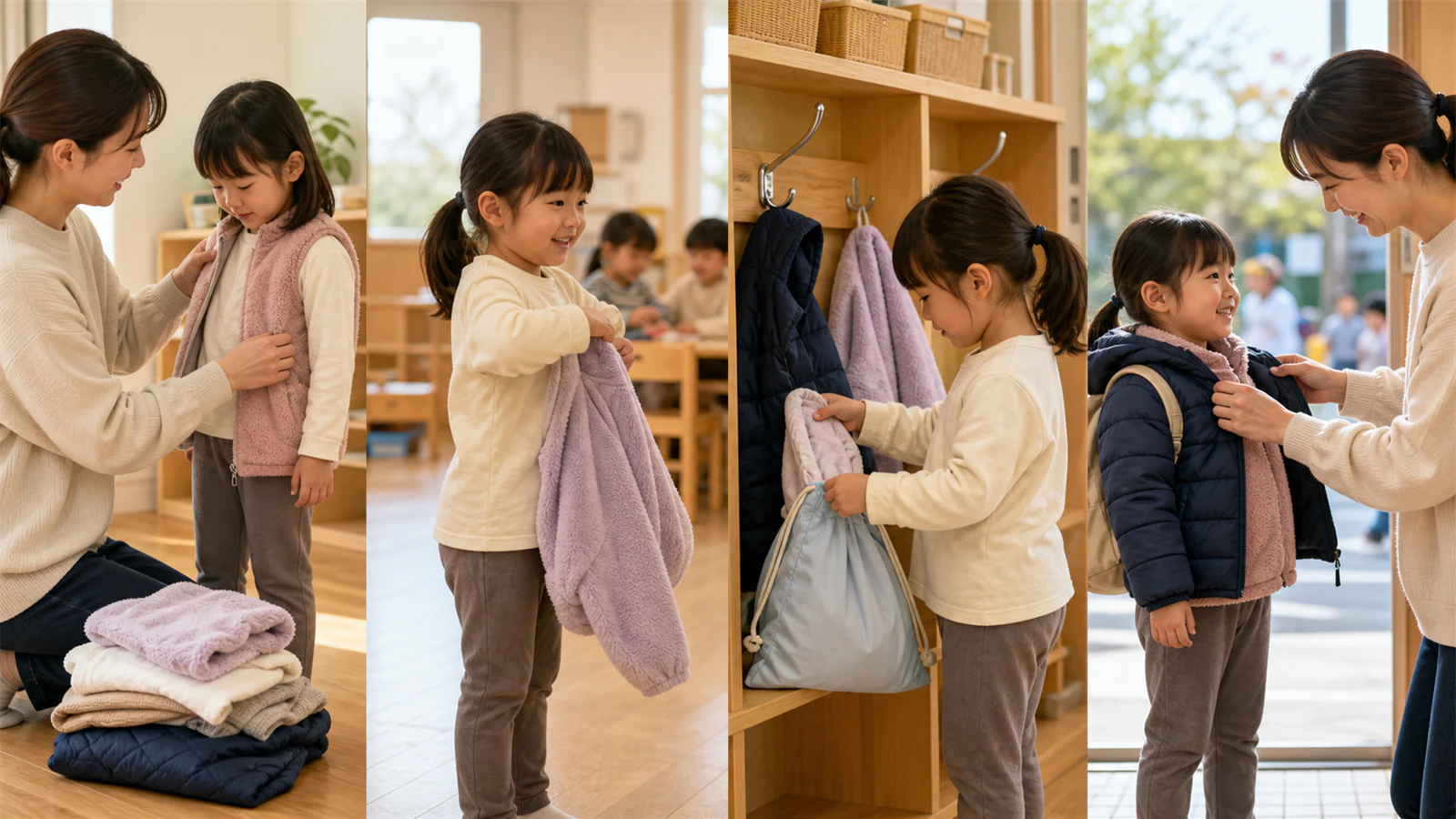 園と家庭が冬服の持参、着脱、保管、着替えを共有する図