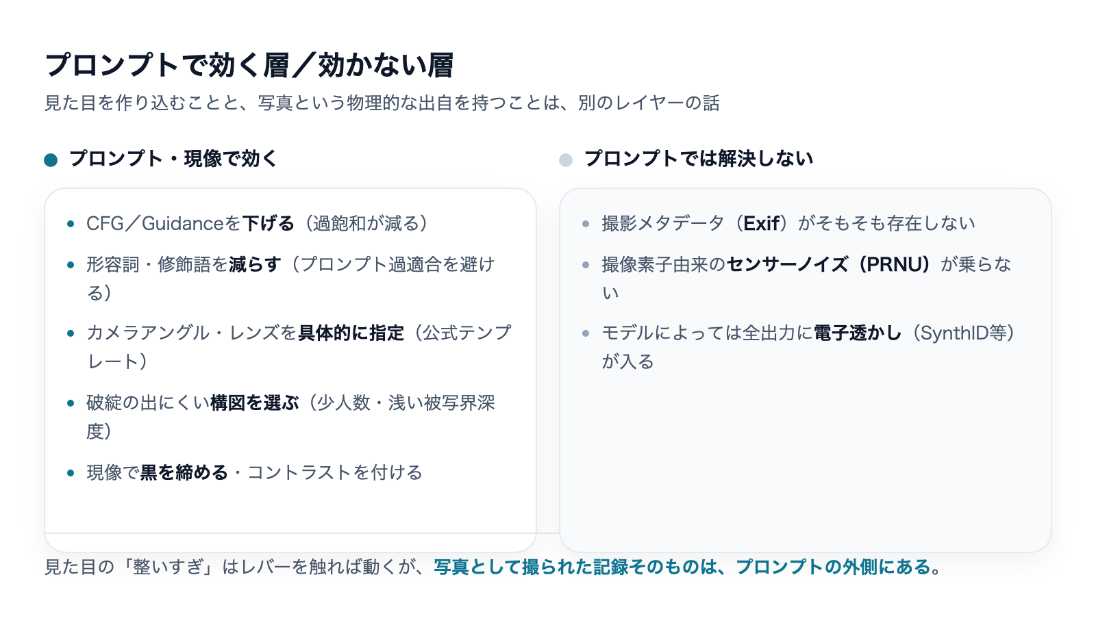 AI画像を実写っぽくするプロンプト|カメラ指定が効く理由の解説図