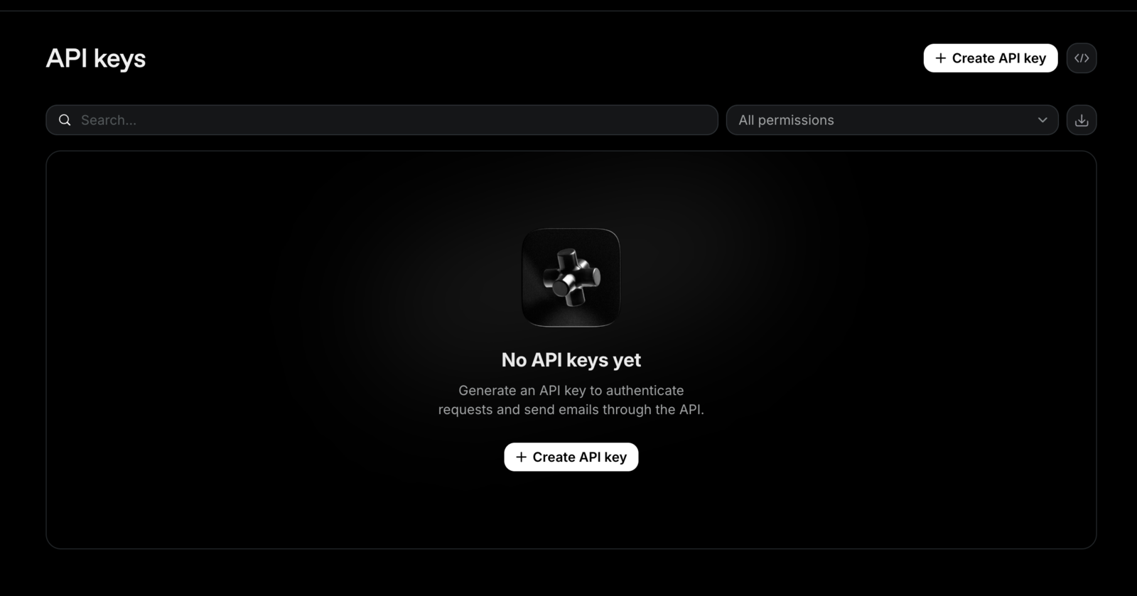 ResendのAPI keysセクション（APIキー発行前の初期状態）