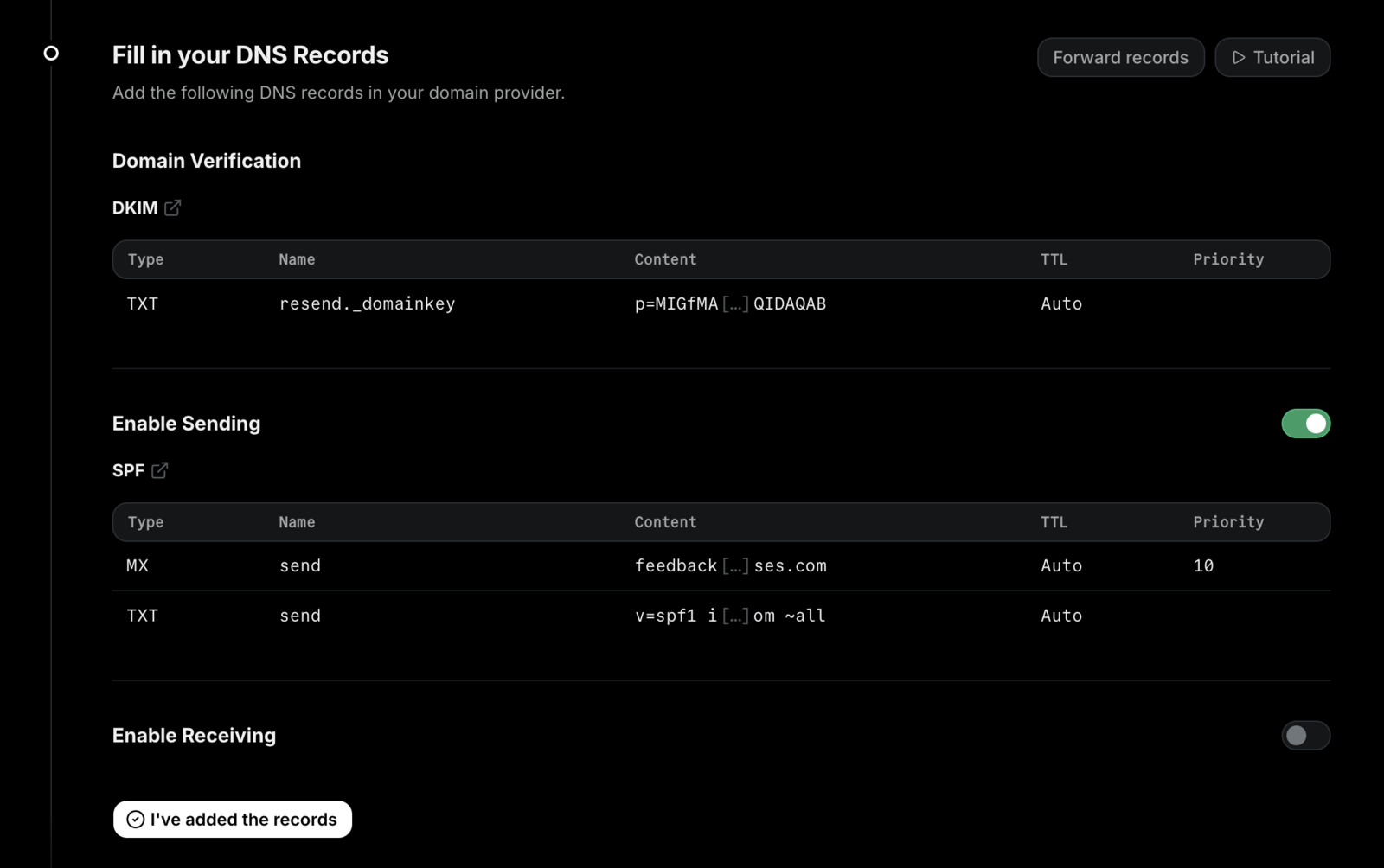 Resendが提示するDNSレコード（DKIM用TXT・送信用MX・SPF）の設定画面