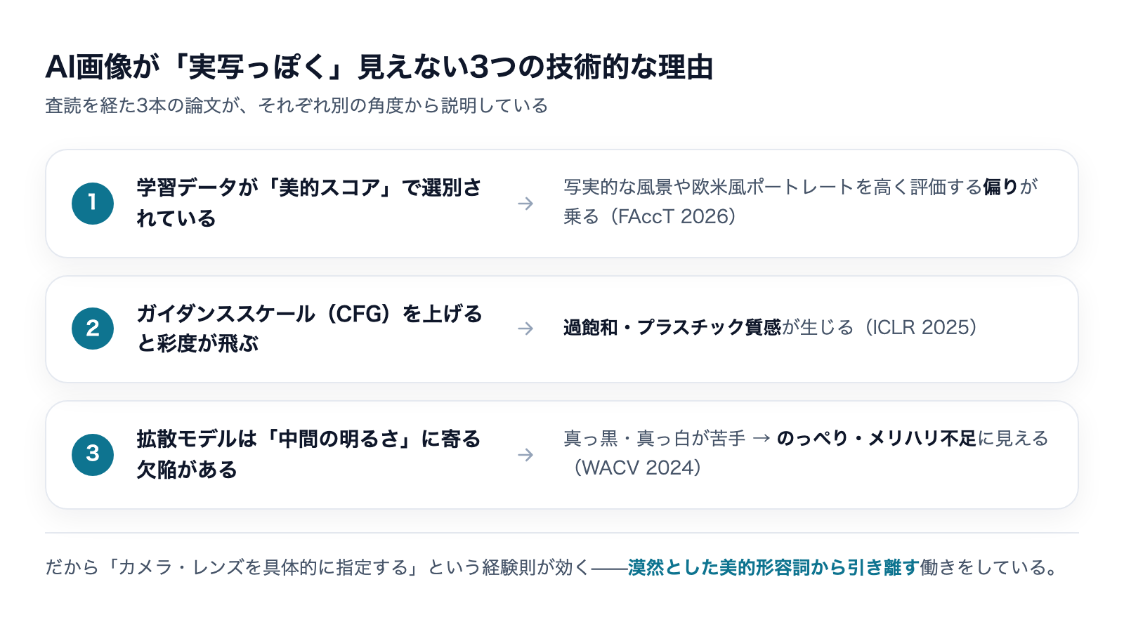 AI画像を実写っぽくするプロンプト|カメラ指定が効く理由の解説図